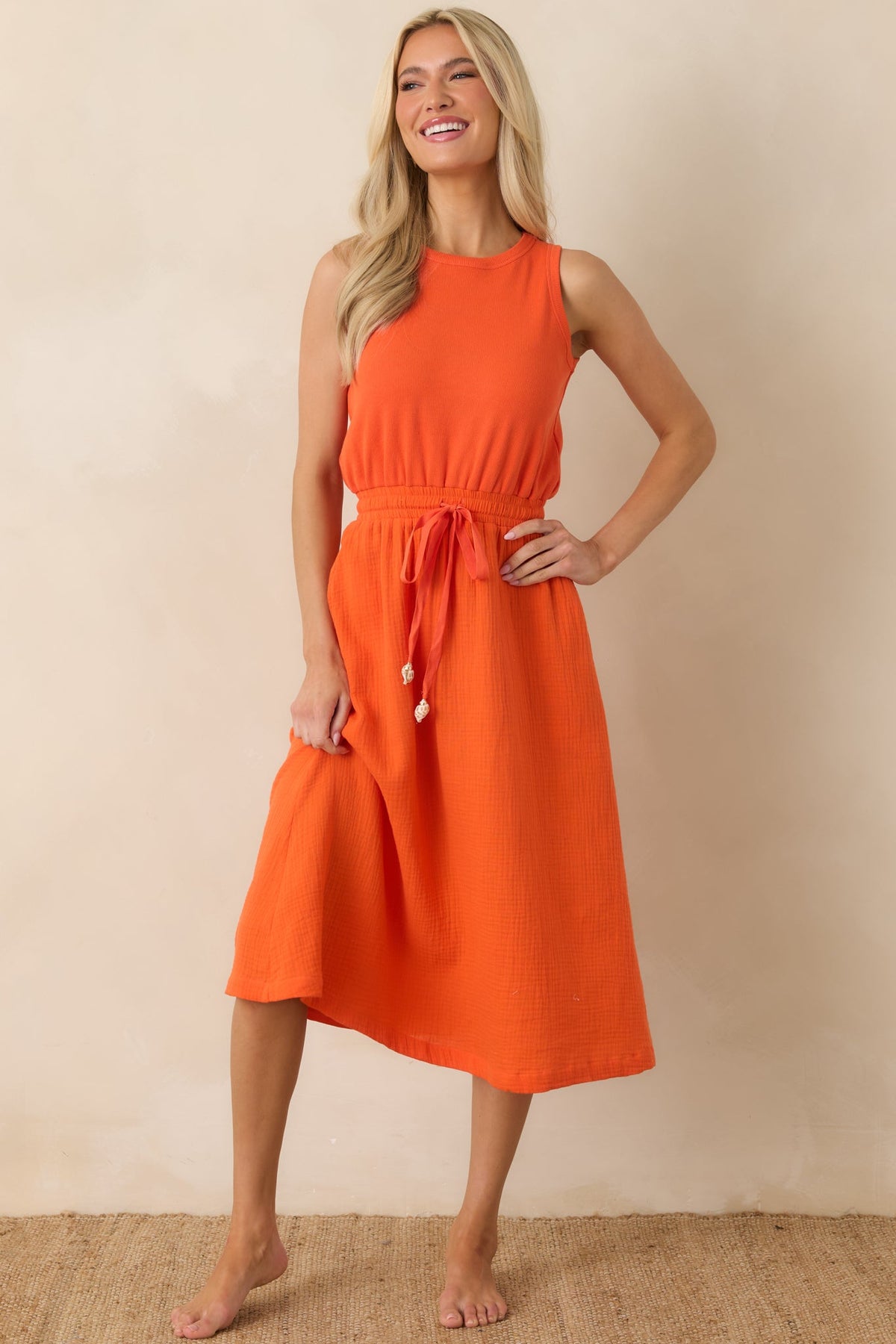 Paradisa Bonita Orange Cotton Sleeveless Midi Dress