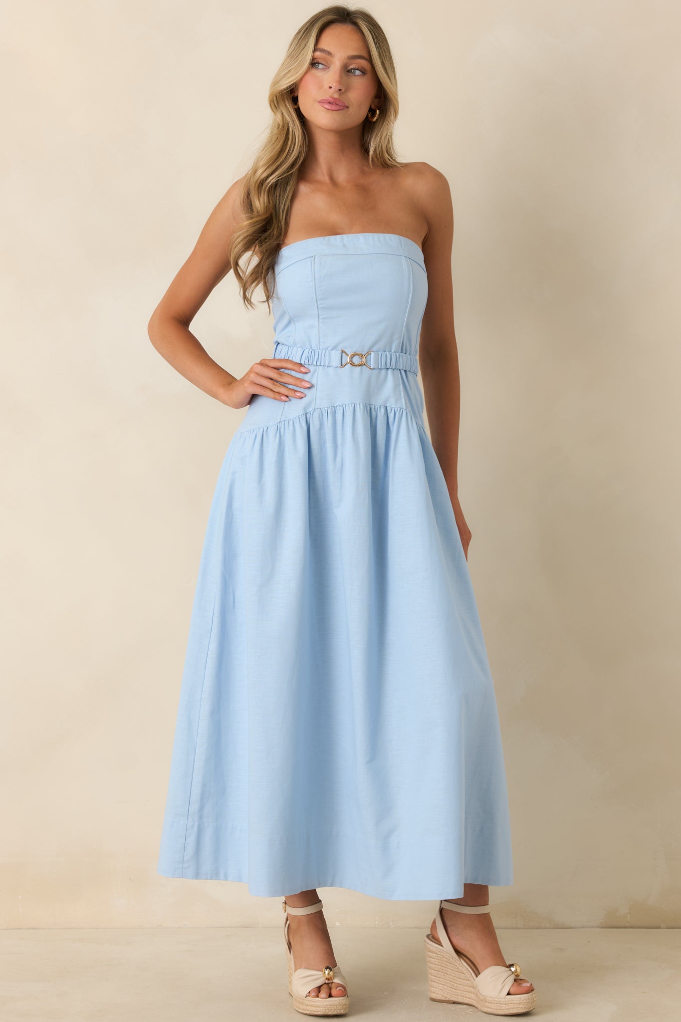 MINKPINK Ines Baby Blue Drop Waist Belt Detail Midi Dress