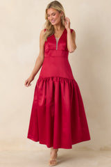 Never Out Of Reach Wine Red Satin Sleeveless Drop Waist Maxi Dress