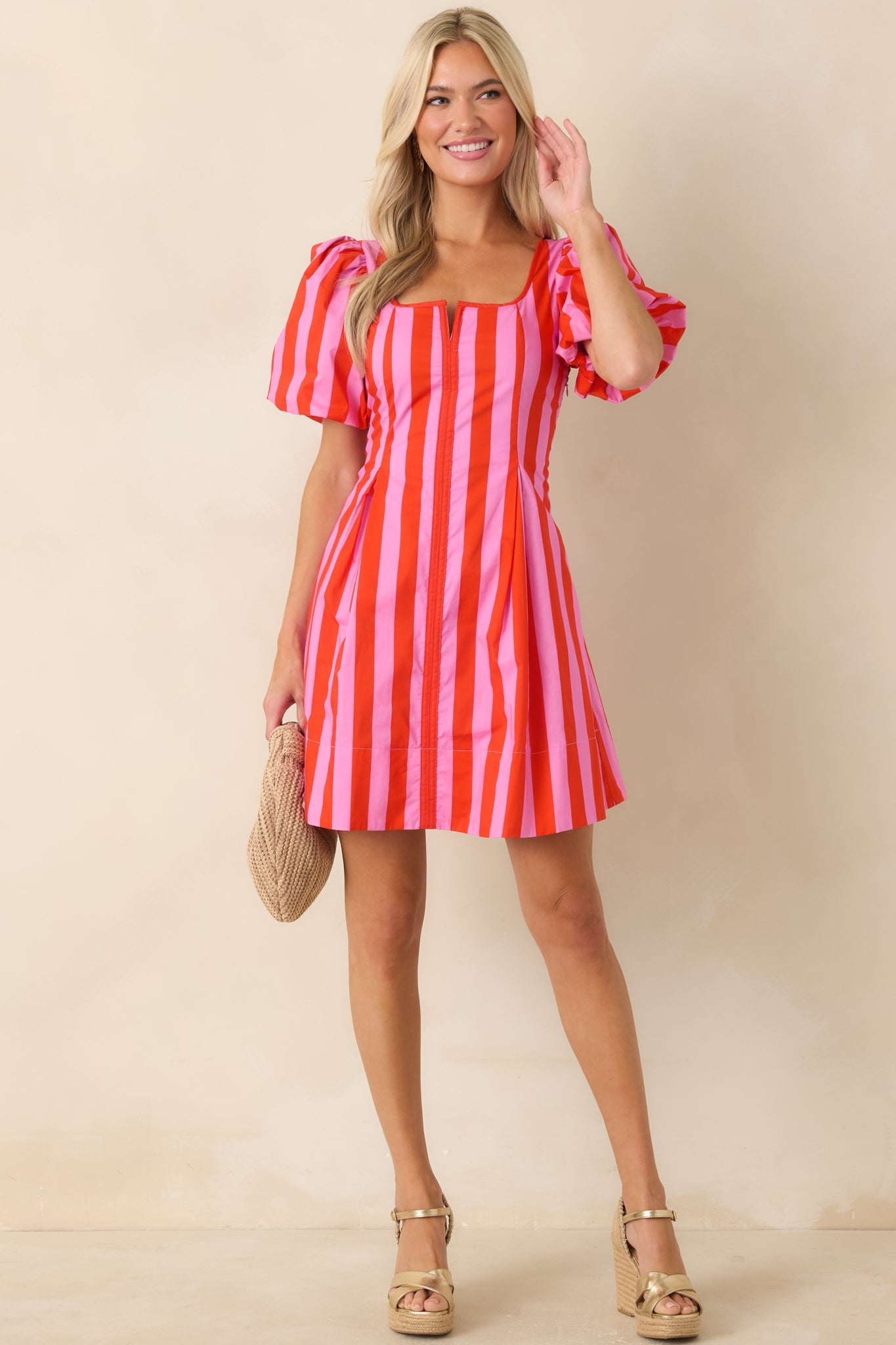 Stripe It Lucky Red & Pink Cotton Puff Sleeve Mini Dress