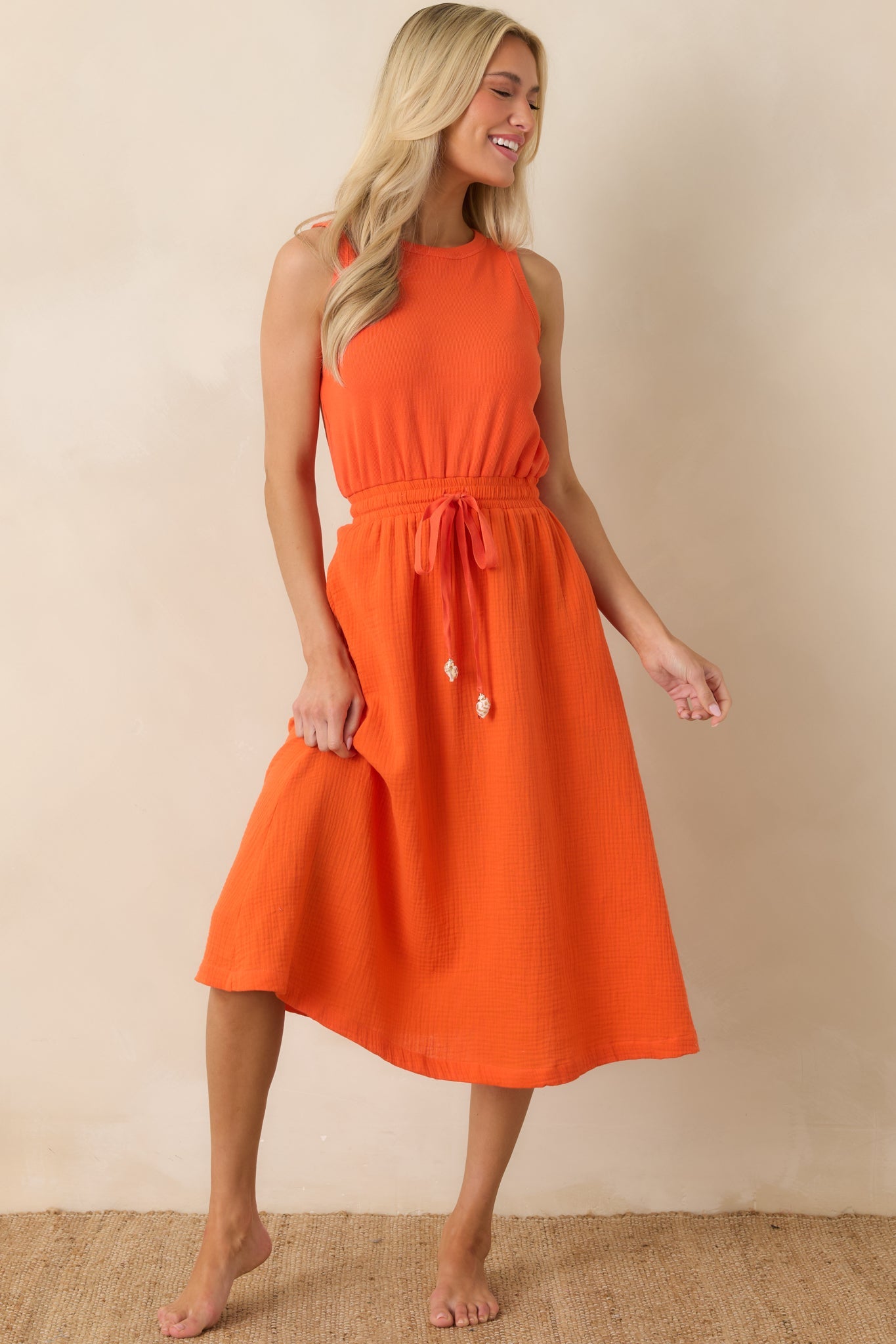 Paradisa Bonita Orange Cotton Sleeveless Midi Dress