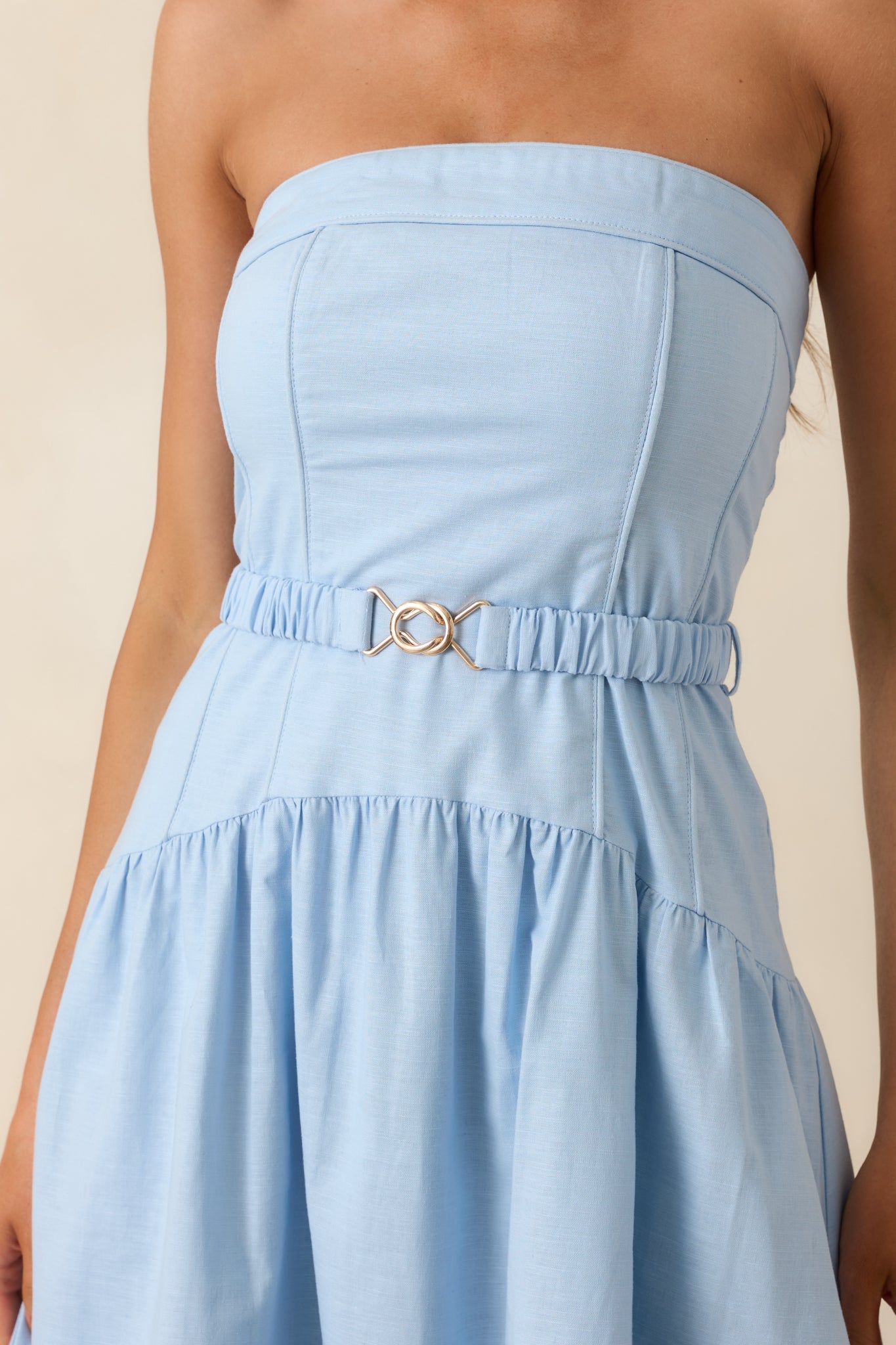 MINKPINK Ines Baby Blue Drop Waist Belt Detail Midi Dress
