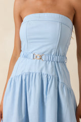 MINKPINK Ines Baby Blue Drop Waist Belt Detail Midi Dress