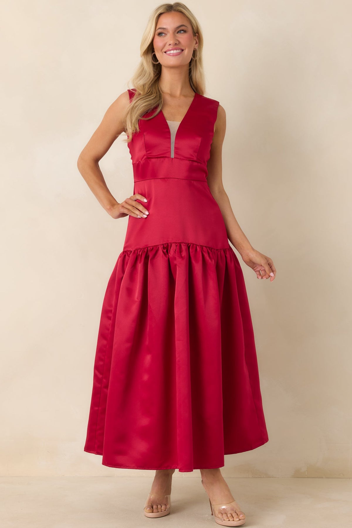 Never Out Of Reach Wine Red Satin Sleeveless Drop Waist Maxi Dress