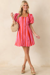 Stripe It Lucky Red & Pink Cotton Puff Sleeve Mini Dress