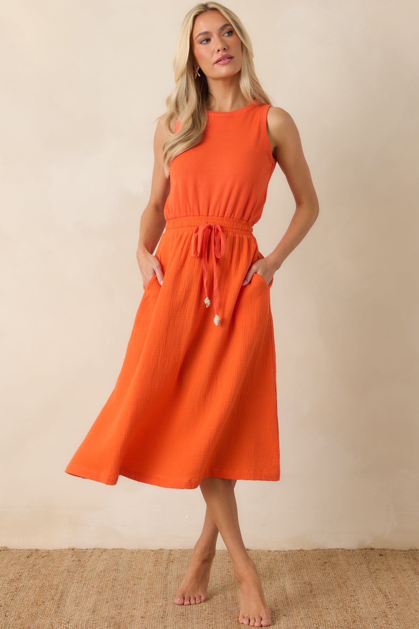 Paradisa Bonita Orange Cotton Sleeveless Midi Dress