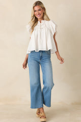 FRNCH Detiana White Cotton Flutter Sleeve Blouse