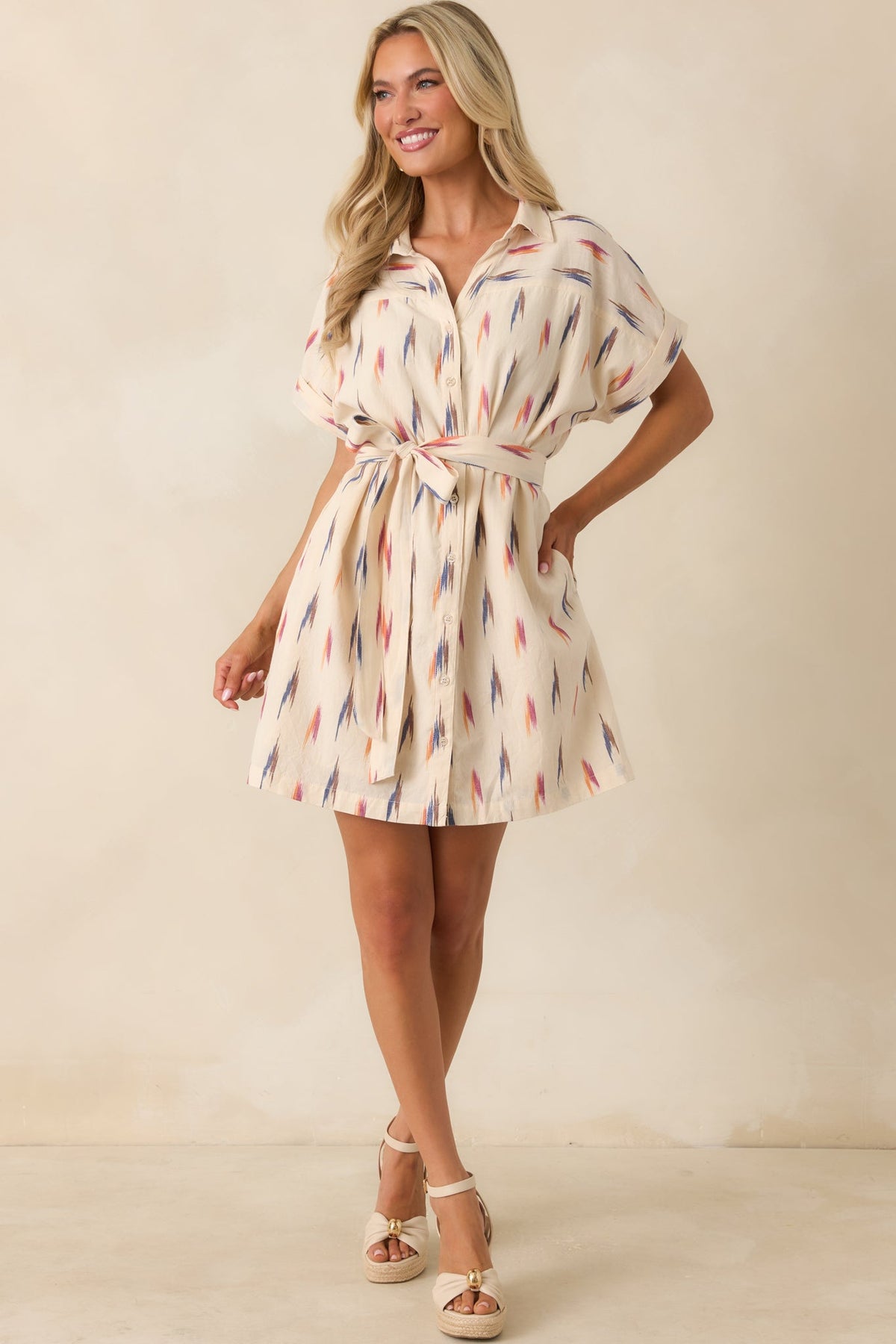 Sunset Sketches Ivory Multi Print Cotton Mini Shirt Dress