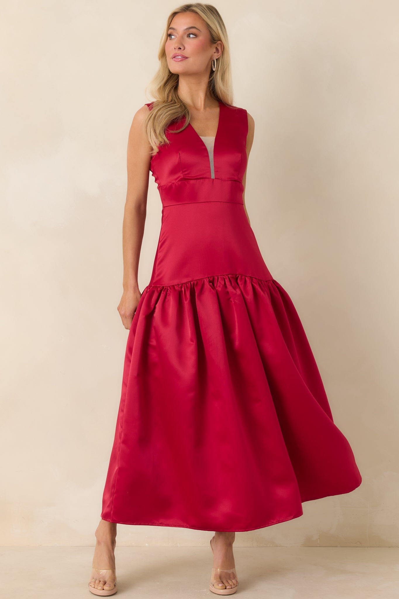 Never Out Of Reach Wine Red Satin Sleeveless Drop Waist Maxi Dress