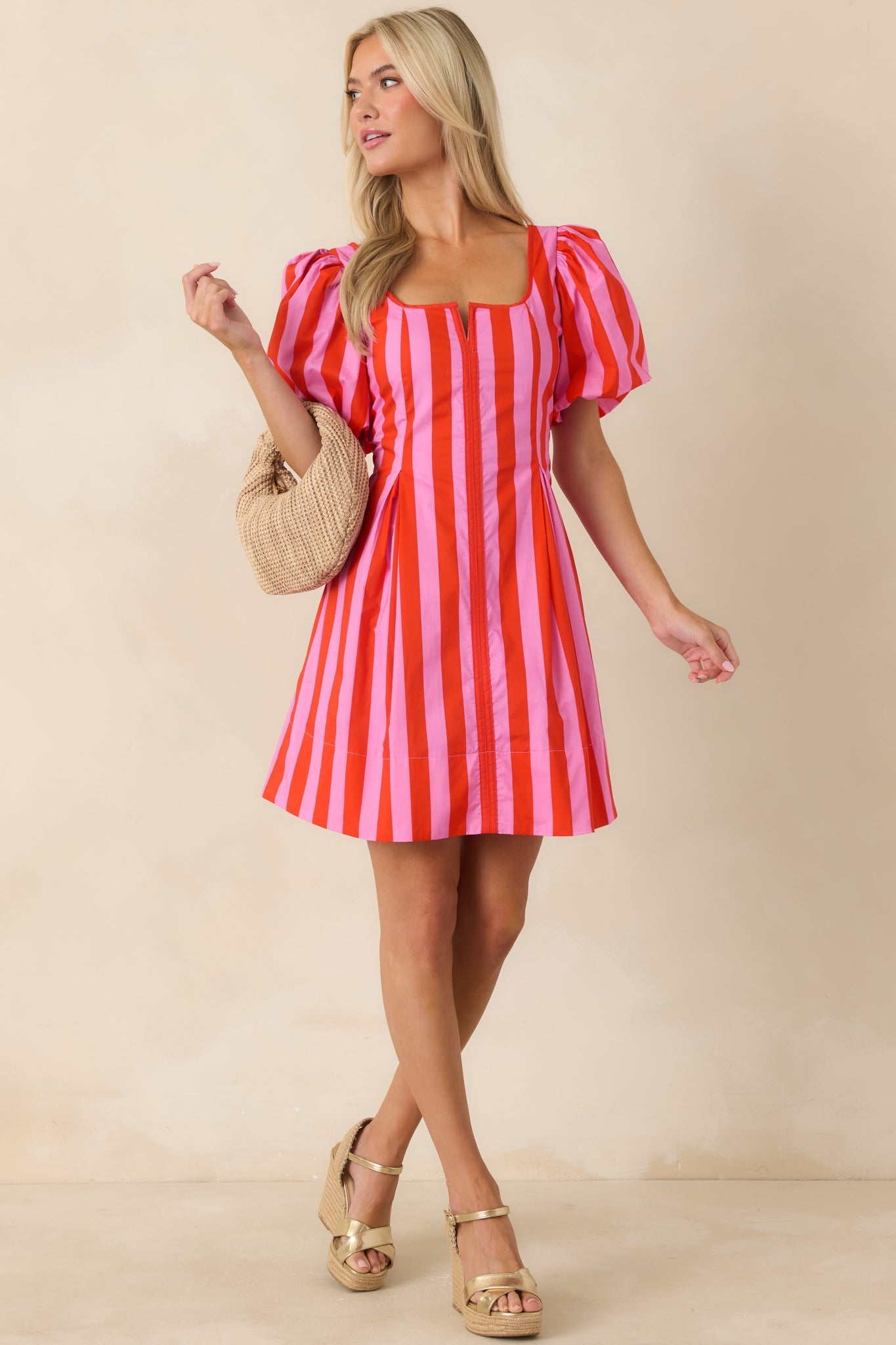 Stripe It Lucky Red & Pink Cotton Puff Sleeve Mini Dress