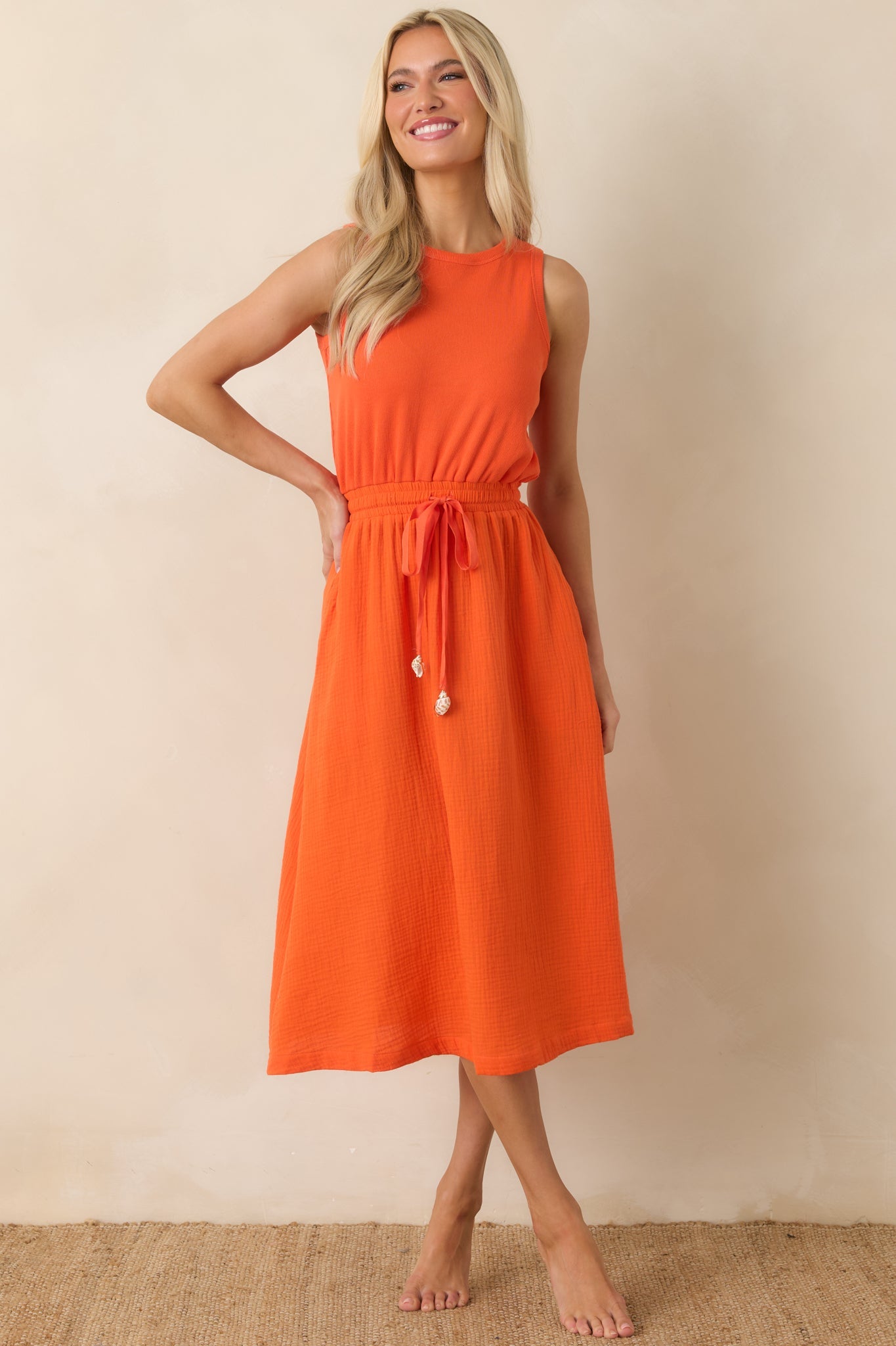 Paradisa Bonita Orange Cotton Sleeveless Midi Dress
