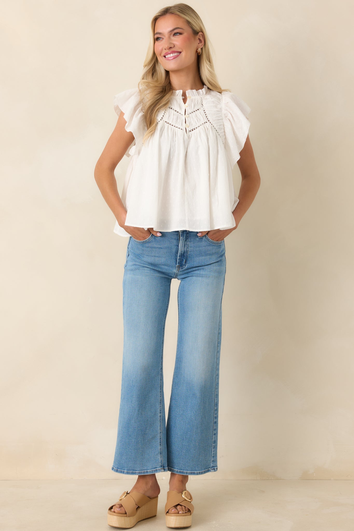 FRNCH Detiana White Cotton Flutter Sleeve Blouse