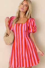 Stripe It Lucky Red & Pink Cotton Puff Sleeve Mini Dress