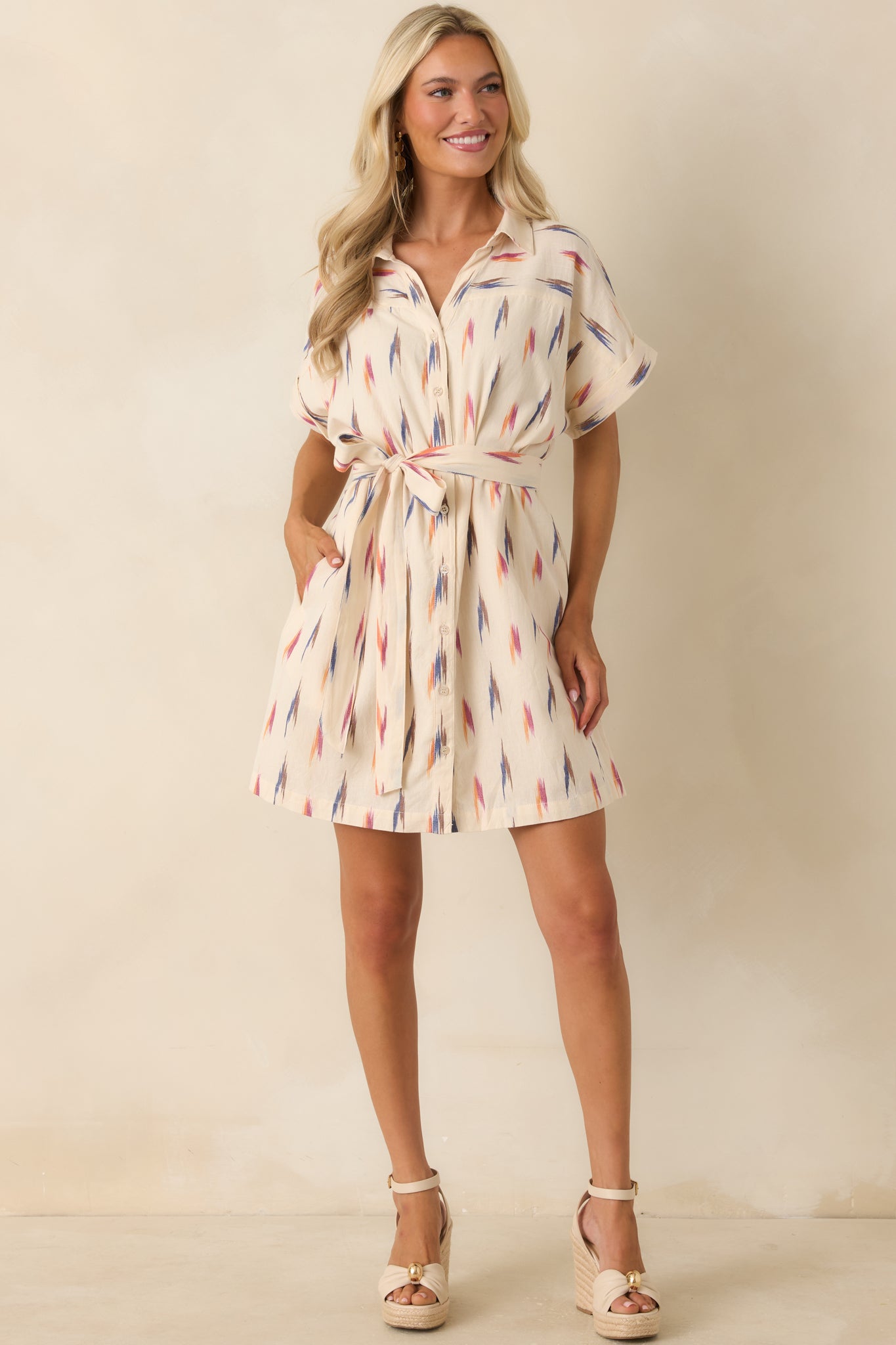 Sunset Sketches Ivory Multi Print Cotton Mini Shirt Dress