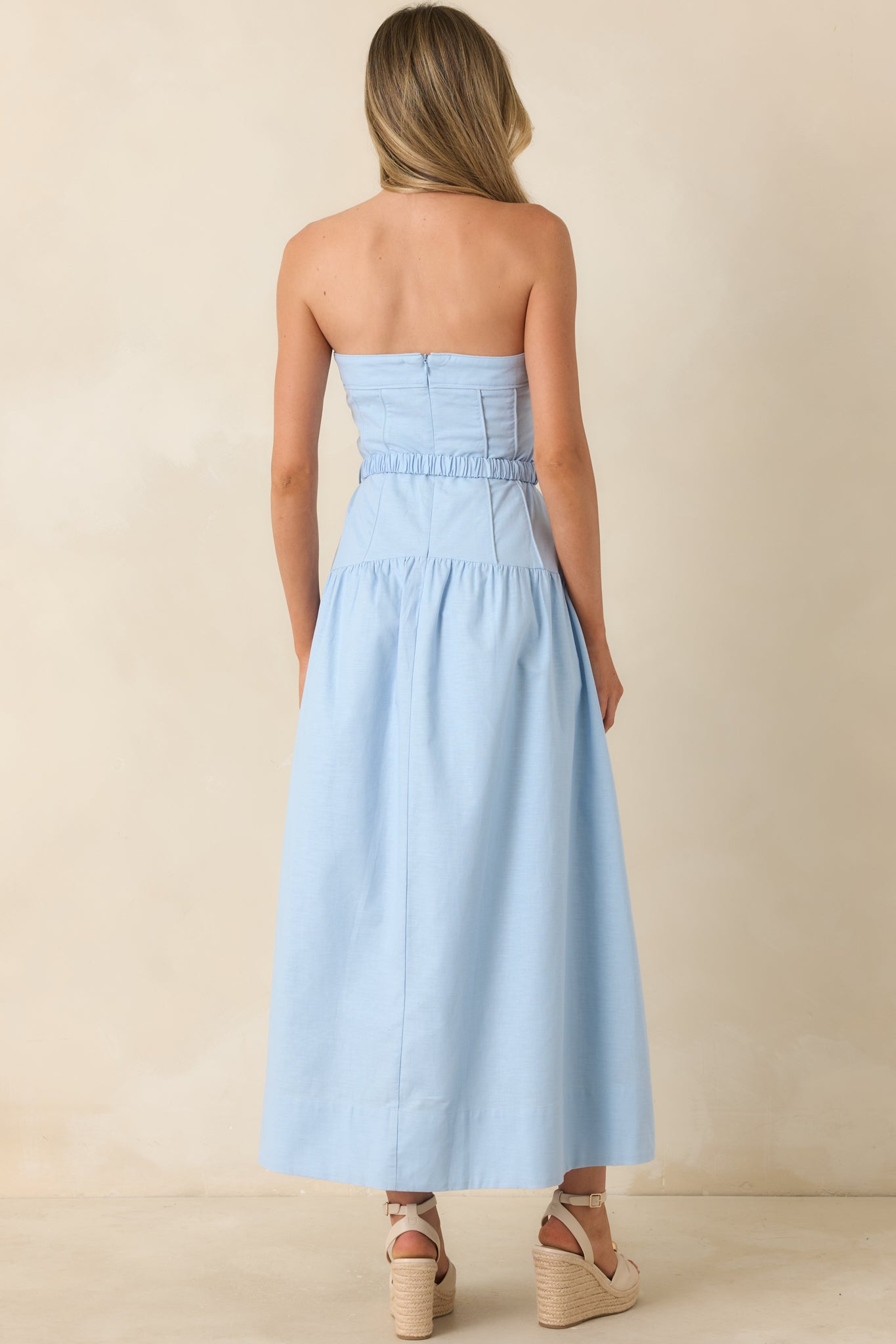 MINKPINK Ines Baby Blue Drop Waist Belt Detail Midi Dress