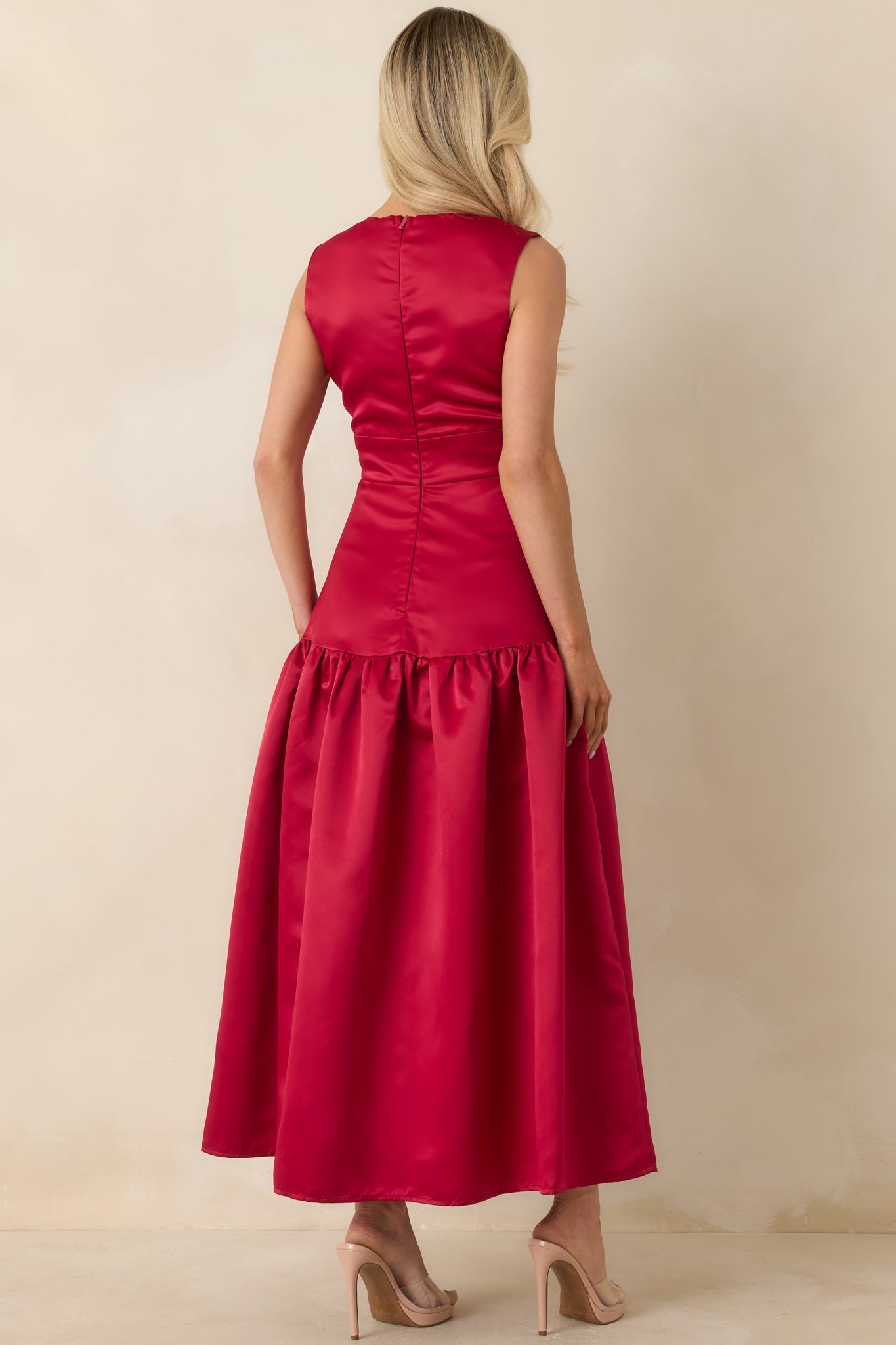 Never Out Of Reach Wine Red Satin Sleeveless Drop Waist Maxi Dress