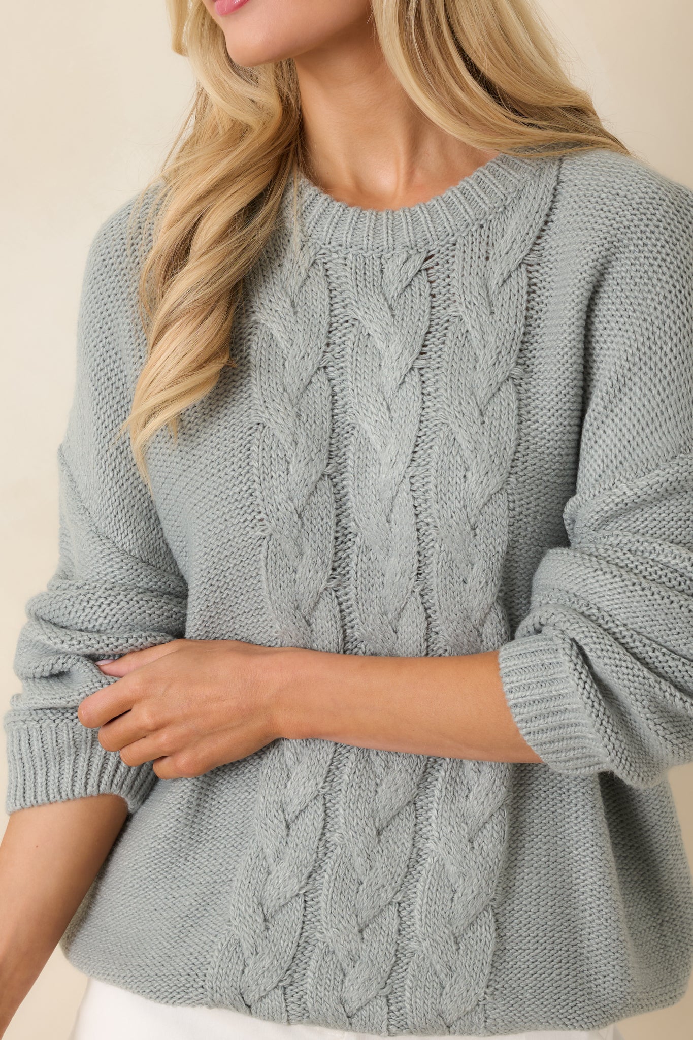 Moments in Stillness Stone Blue Cable Knit Sweater