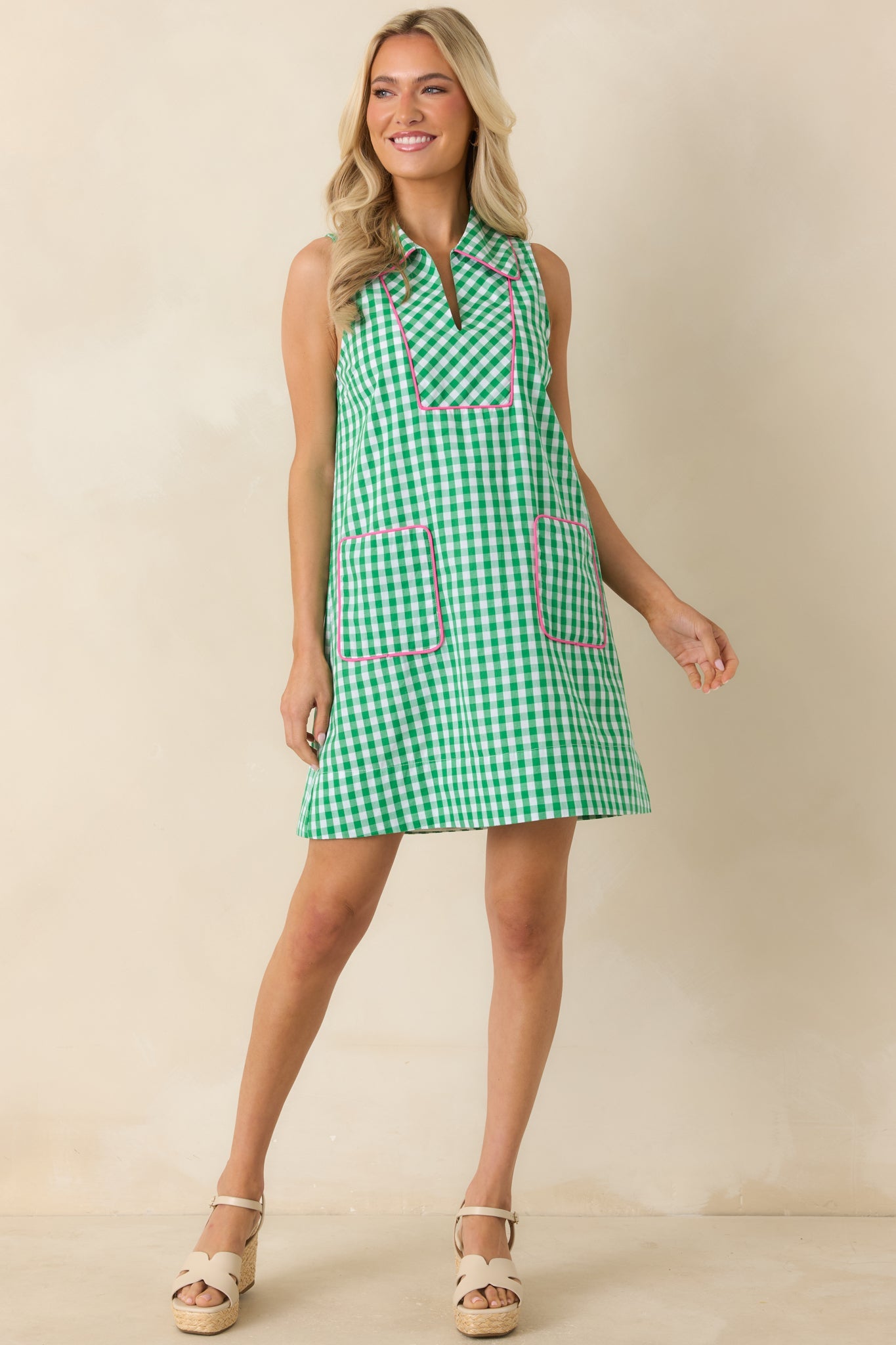 Summer Side Dish Green Gingham Cotton Mini Shift Dress
