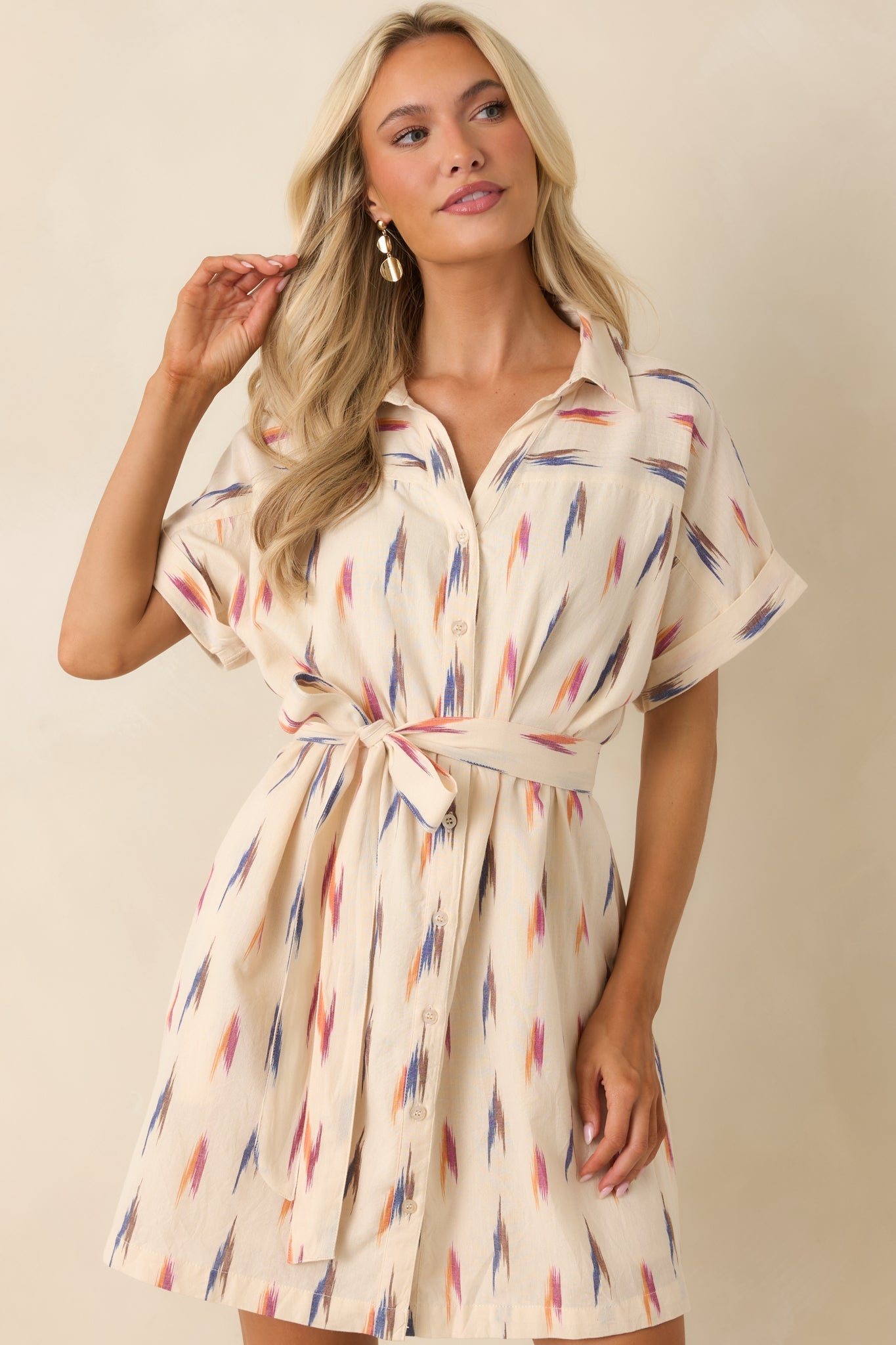 Sunset Sketches Ivory Multi Print Cotton Mini Shirt Dress
