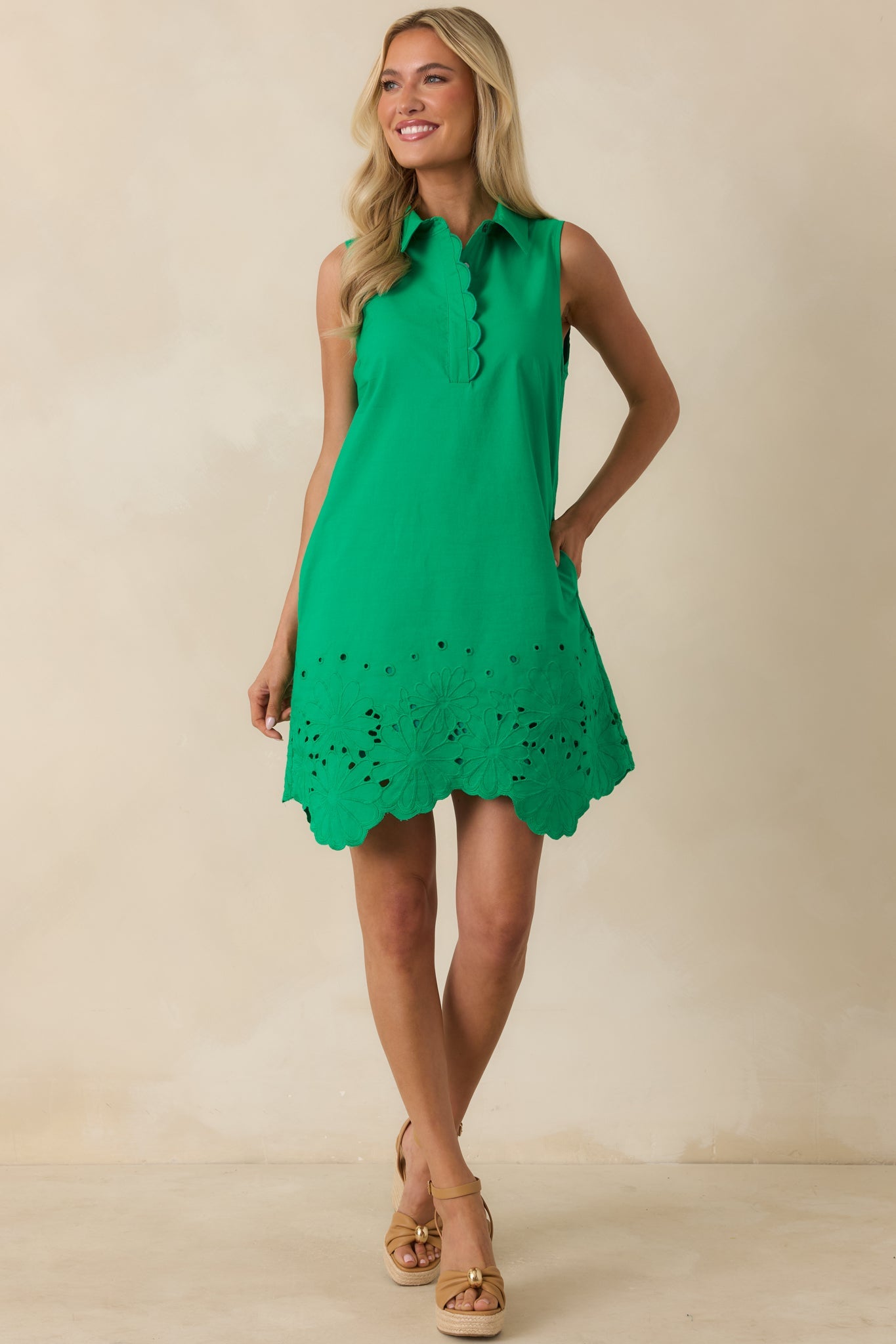 The Sweet Spot Green Cotton Floral Eyelet Mini Dress