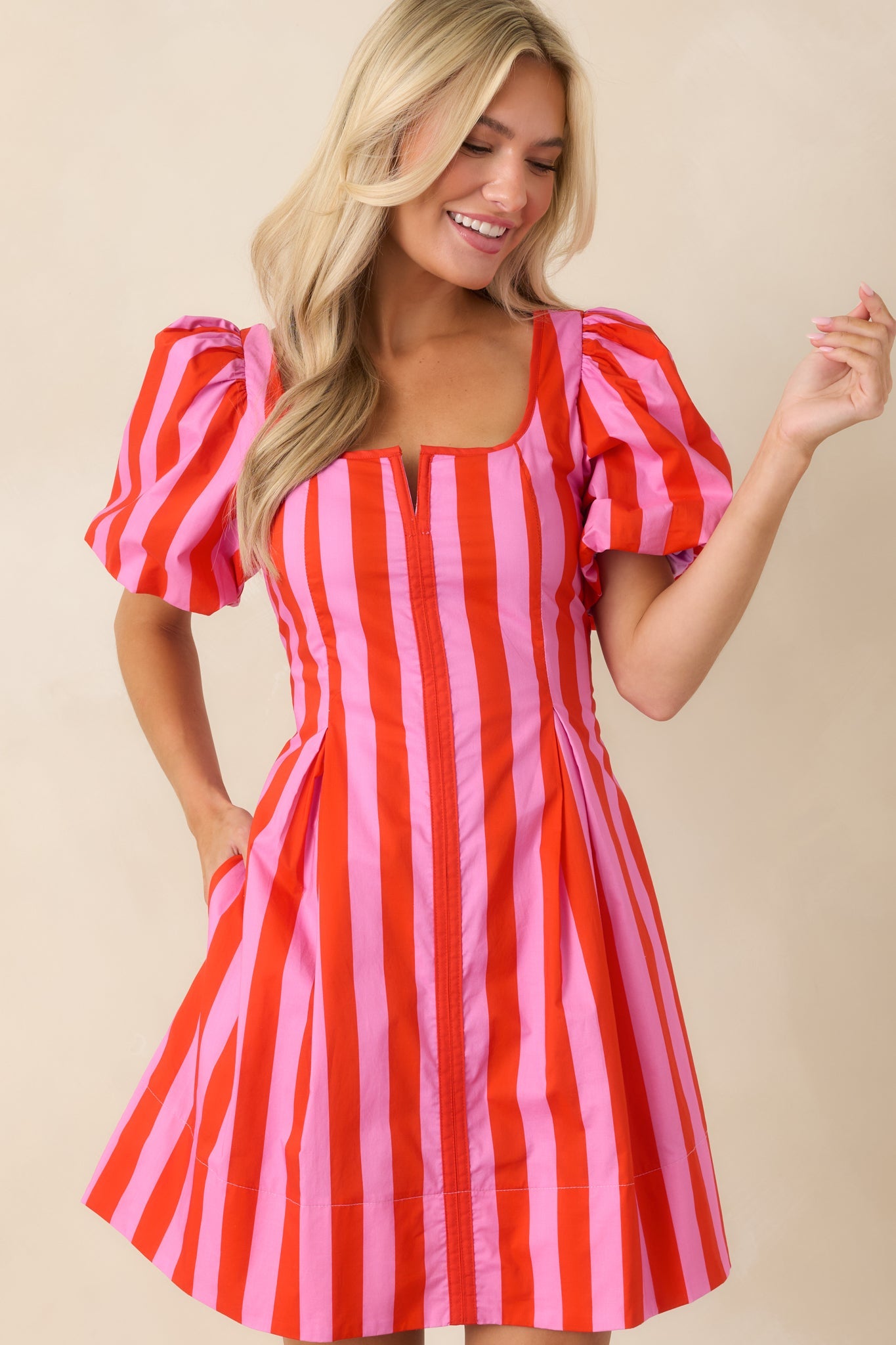 Stripe It Lucky Red & Pink Cotton Puff Sleeve Mini Dress