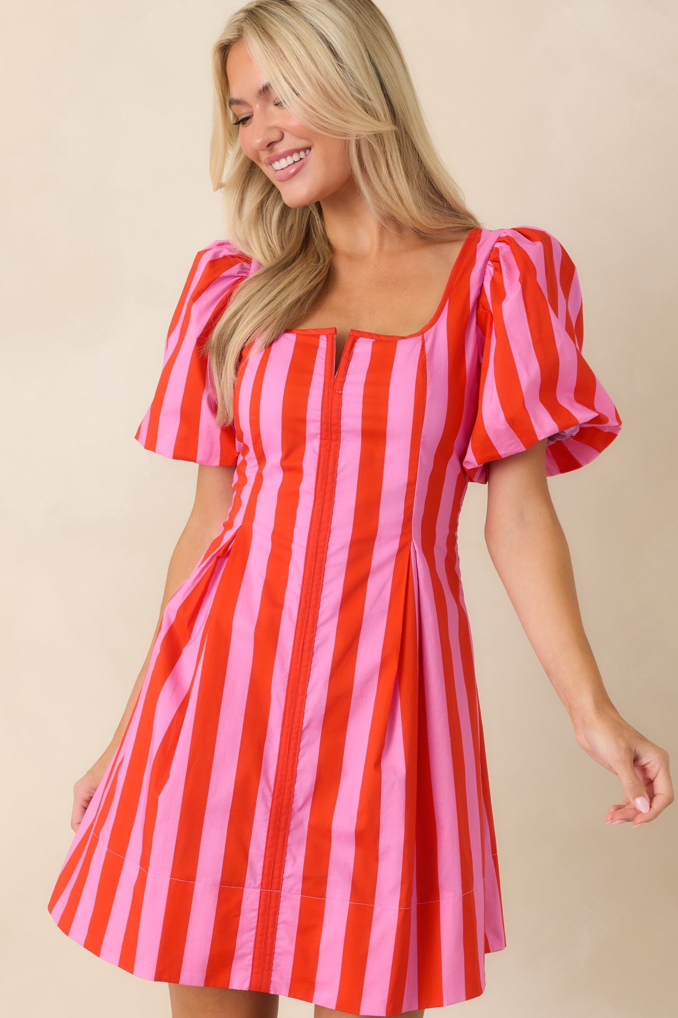 Stripe It Lucky Red & Pink Cotton Puff Sleeve Mini Dress