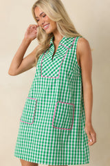 Summer Side Dish Green Gingham Cotton Mini Shift Dress