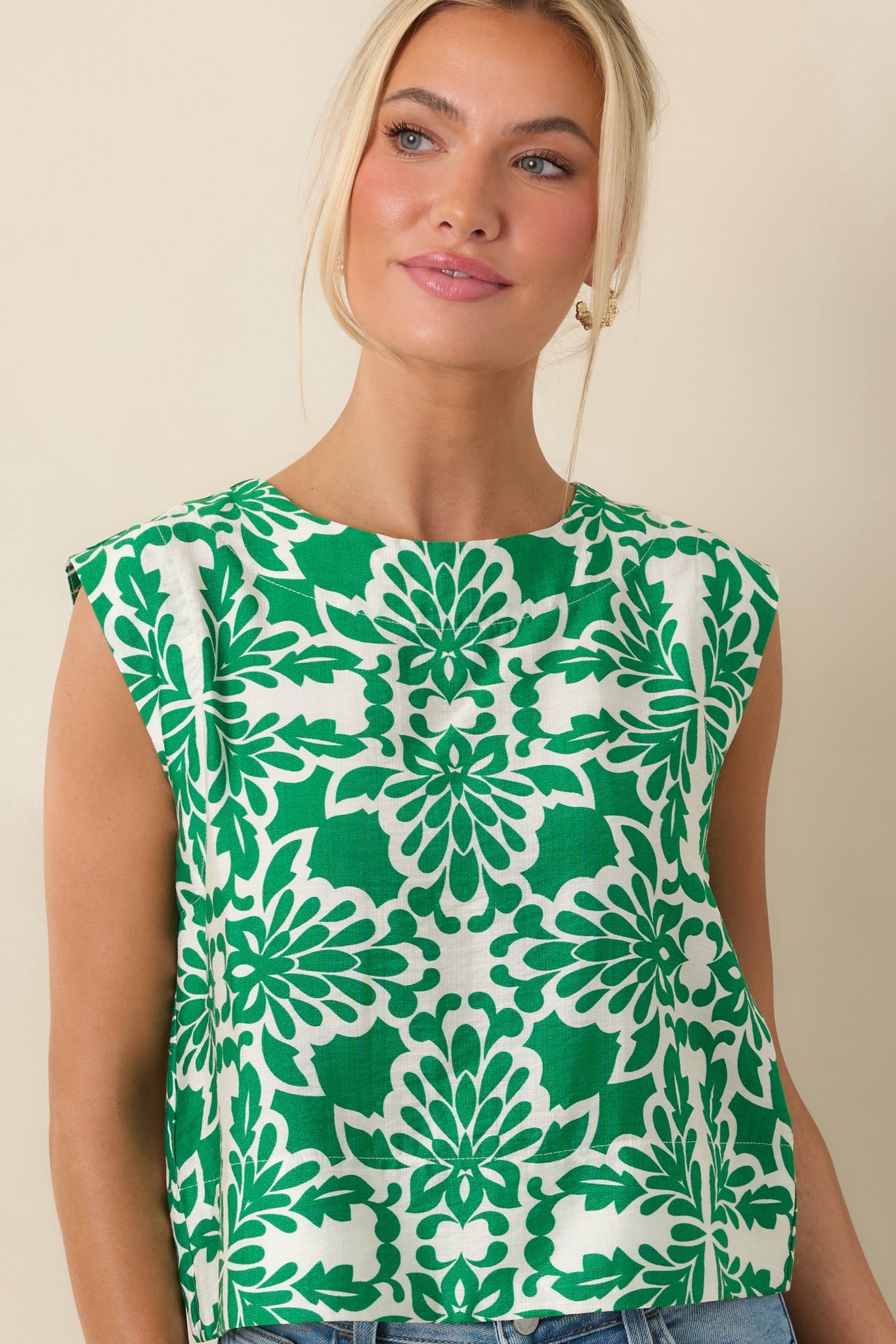 Dinner On The Terrace Green Sicilian Tile Print Sleeveless Top