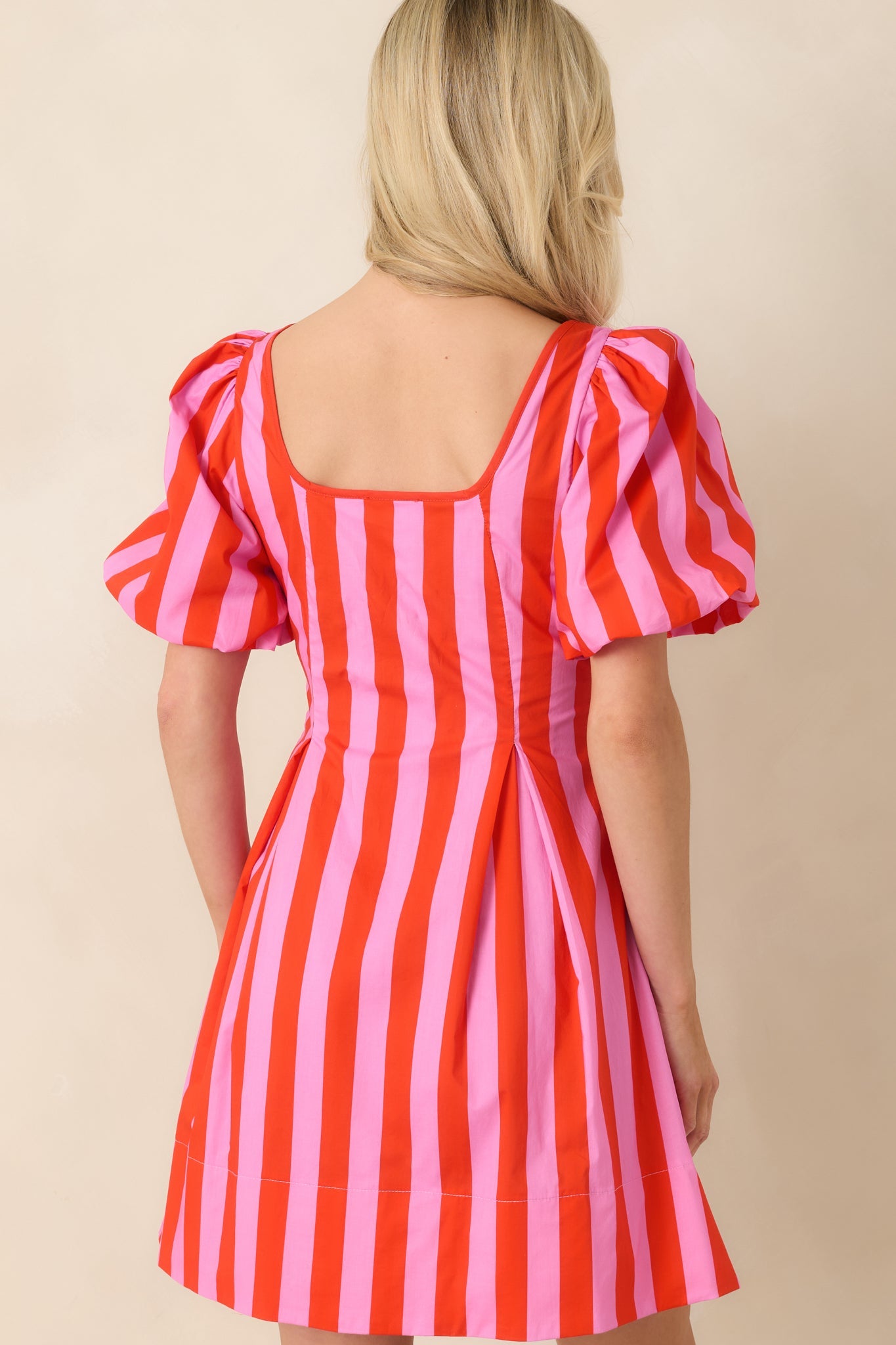 Stripe It Lucky Red & Pink Cotton Puff Sleeve Mini Dress
