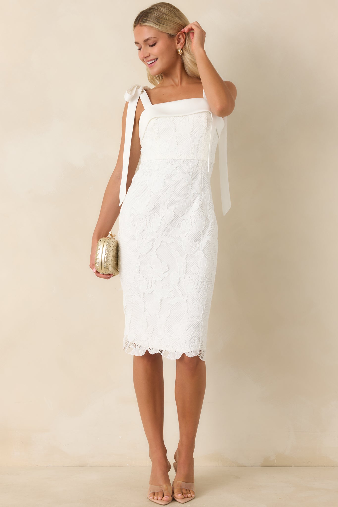 Feels Like Fate Ivory Lace Tie Strap Midi Dress