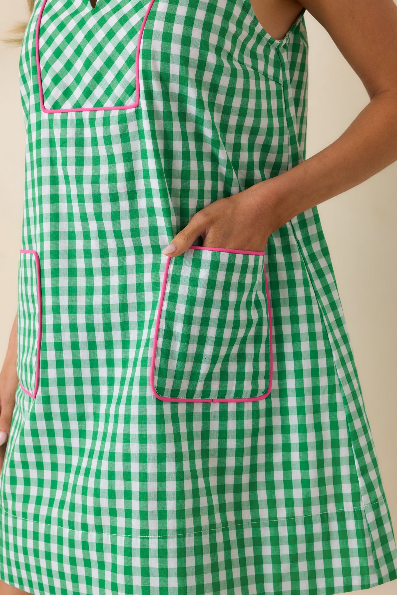 Summer Side Dish Green Gingham Cotton Mini Shift Dress