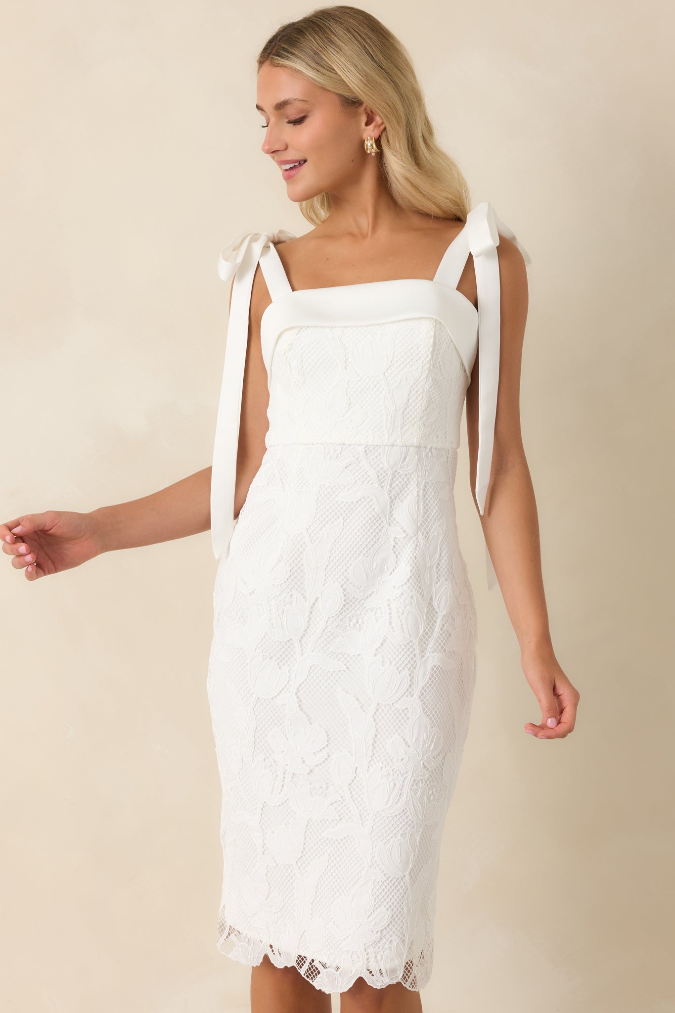 Feels Like Fate Ivory Lace Tie Strap Midi Dress