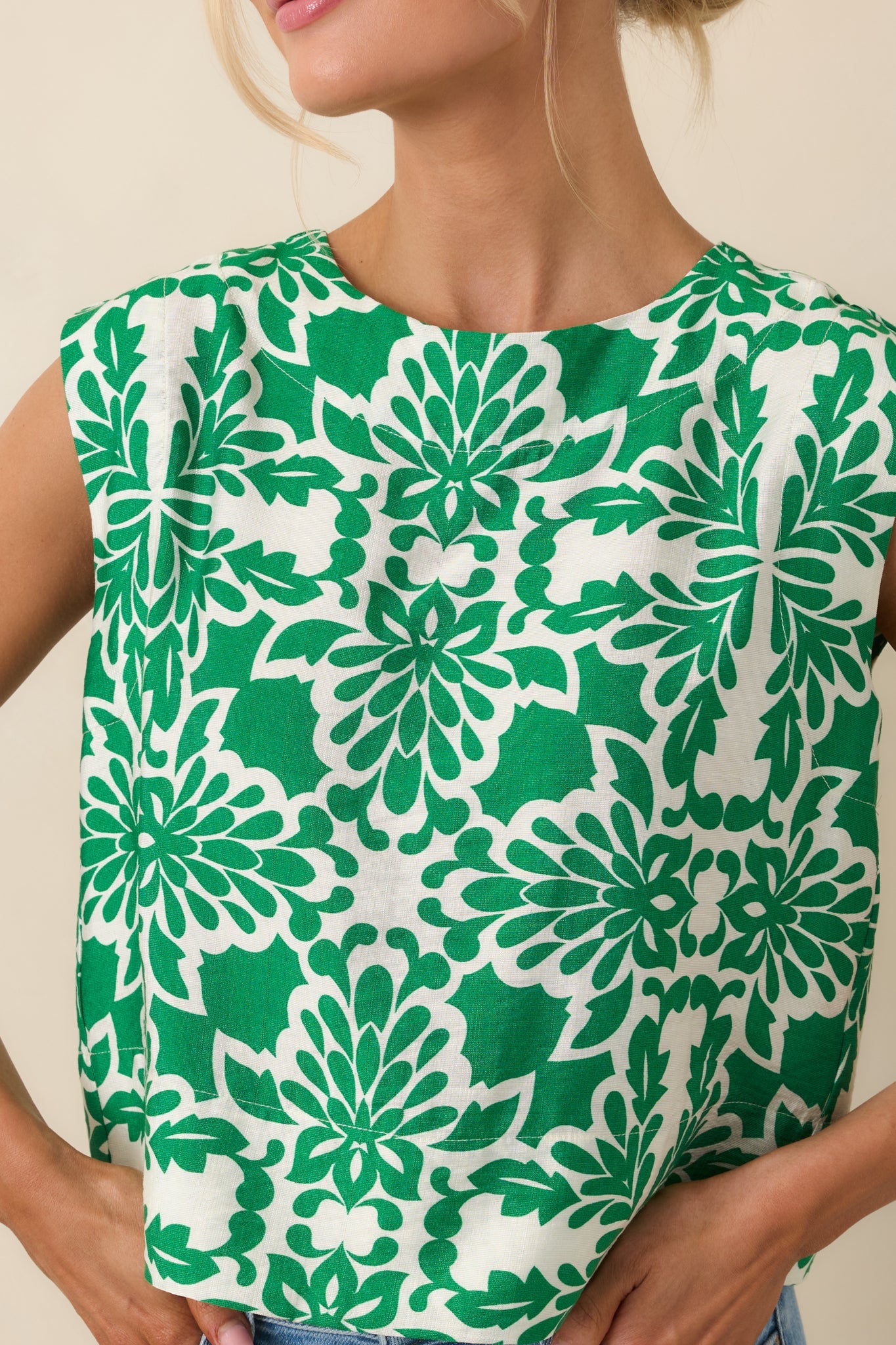 Dinner On The Terrace Green Sicilian Tile Print Sleeveless Top
