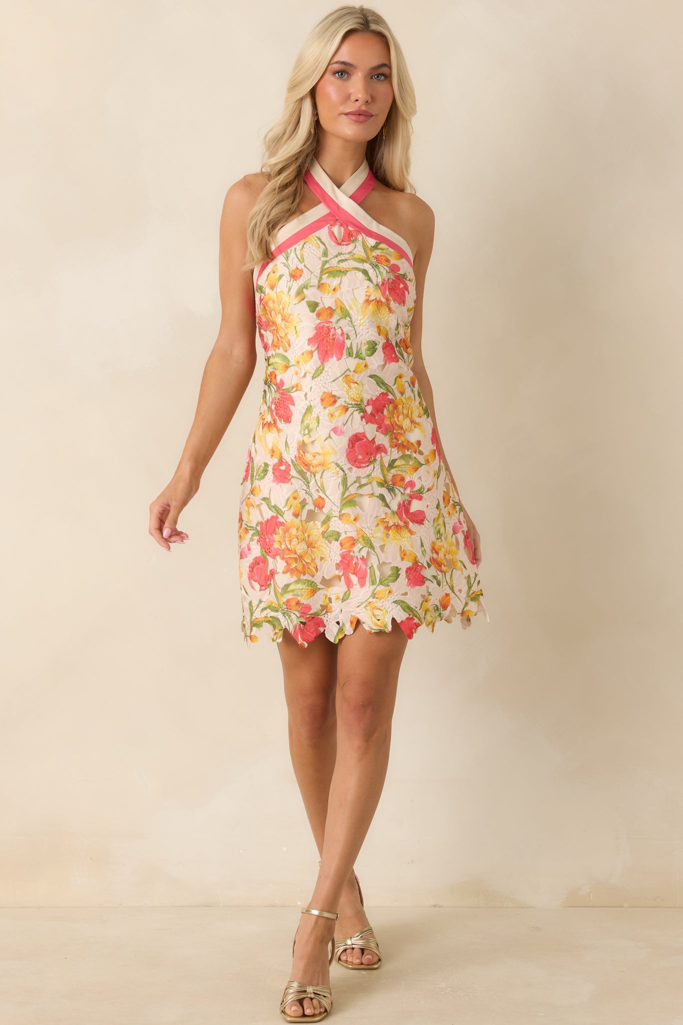 Just Like Paradise Ivory & Coral Pink Floral Lace Halter Mini Dress