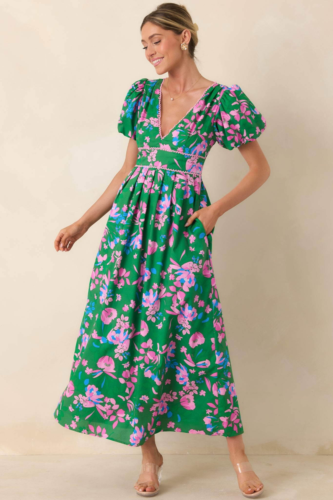 What a Dream Green Multi Floral Cotton Open Back Maxi Dress