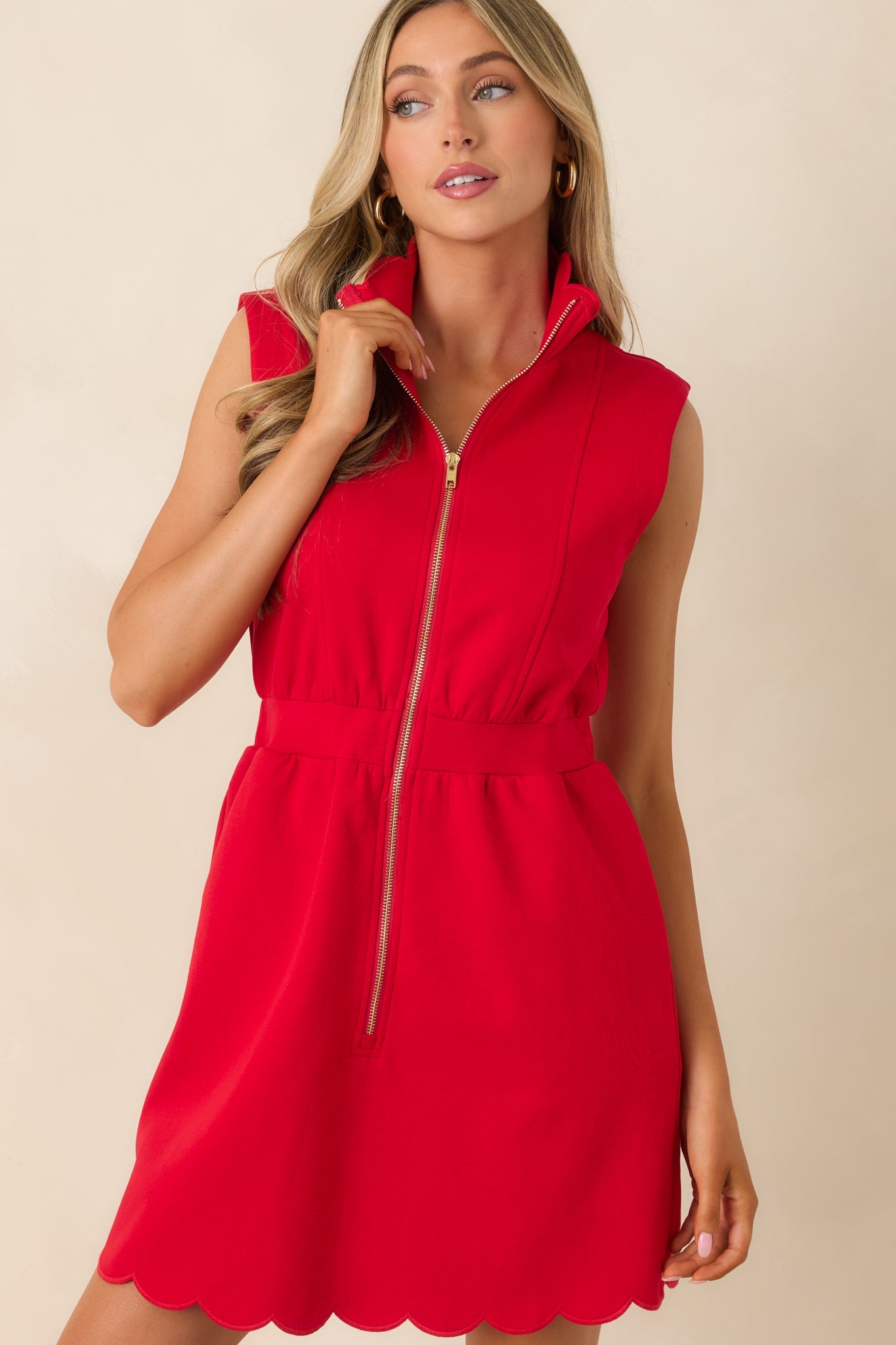 Zip Through the Day Red Zip Front Scalloped Hem Mini Dress