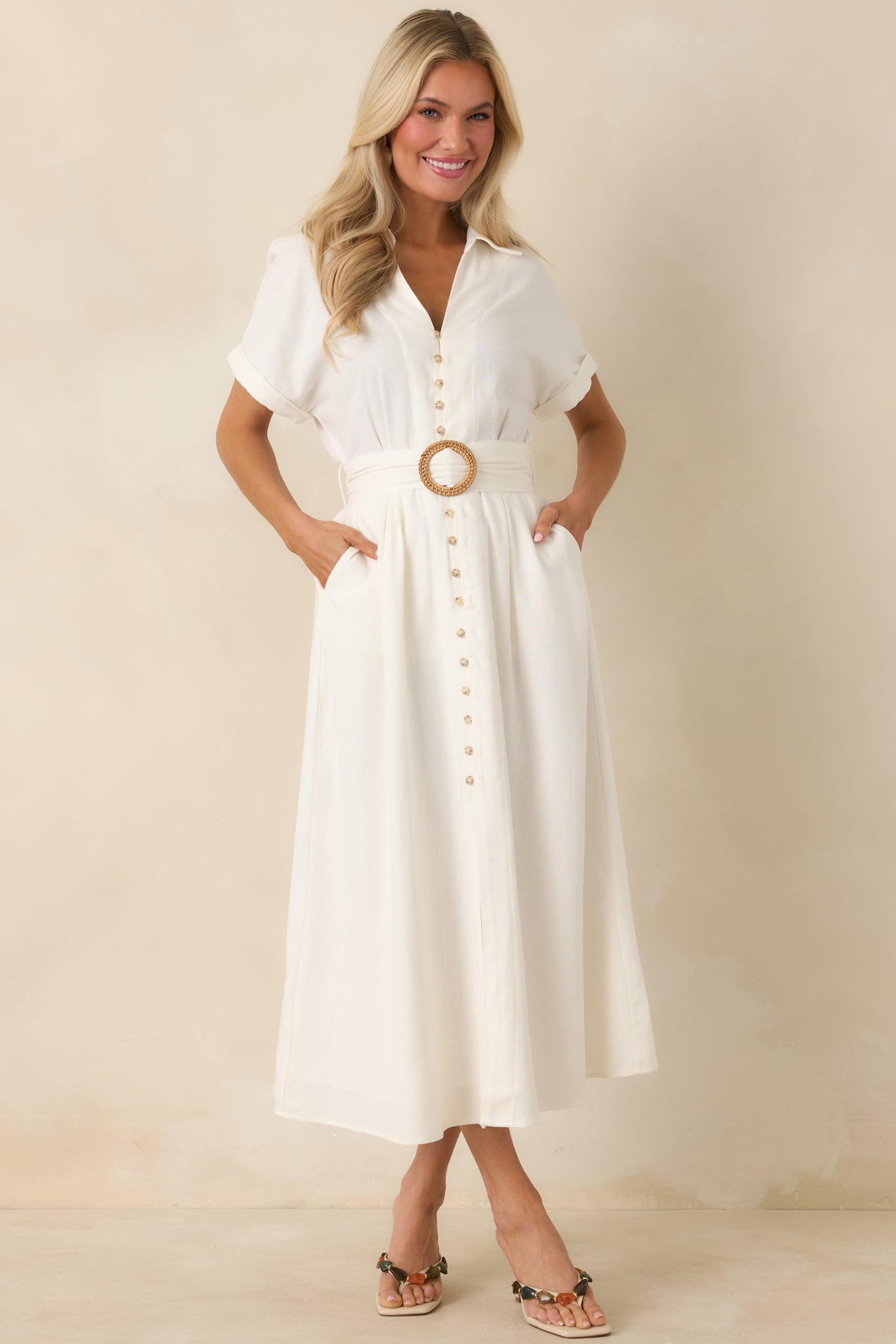 Lily Glow Ivory Button Front Belted Maxi Dress