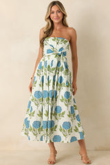 Sunday in Savannah Ivory & Blue Floral Cotton Strapless Midi Dress