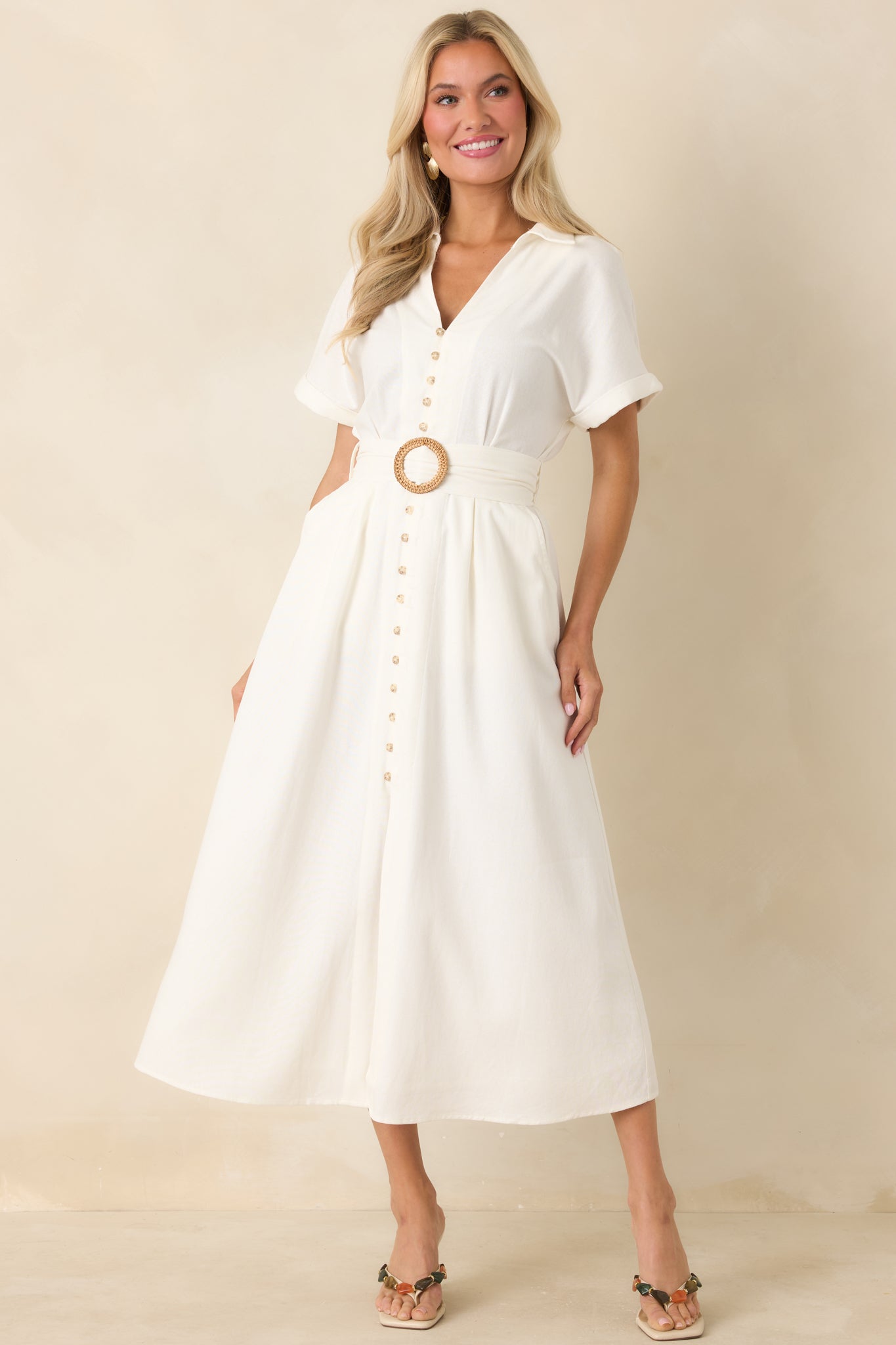 Lily Glow Ivory Button Front Belted Maxi Dress