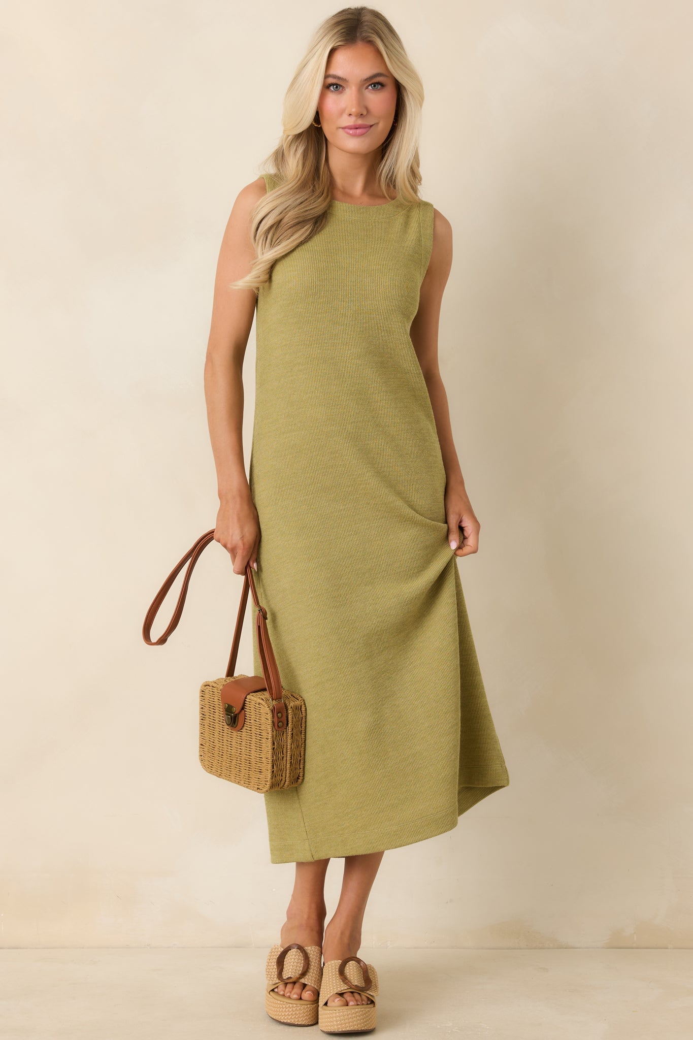 Soft Horizons Olive Green Rib Knit Button Back Midi Dress