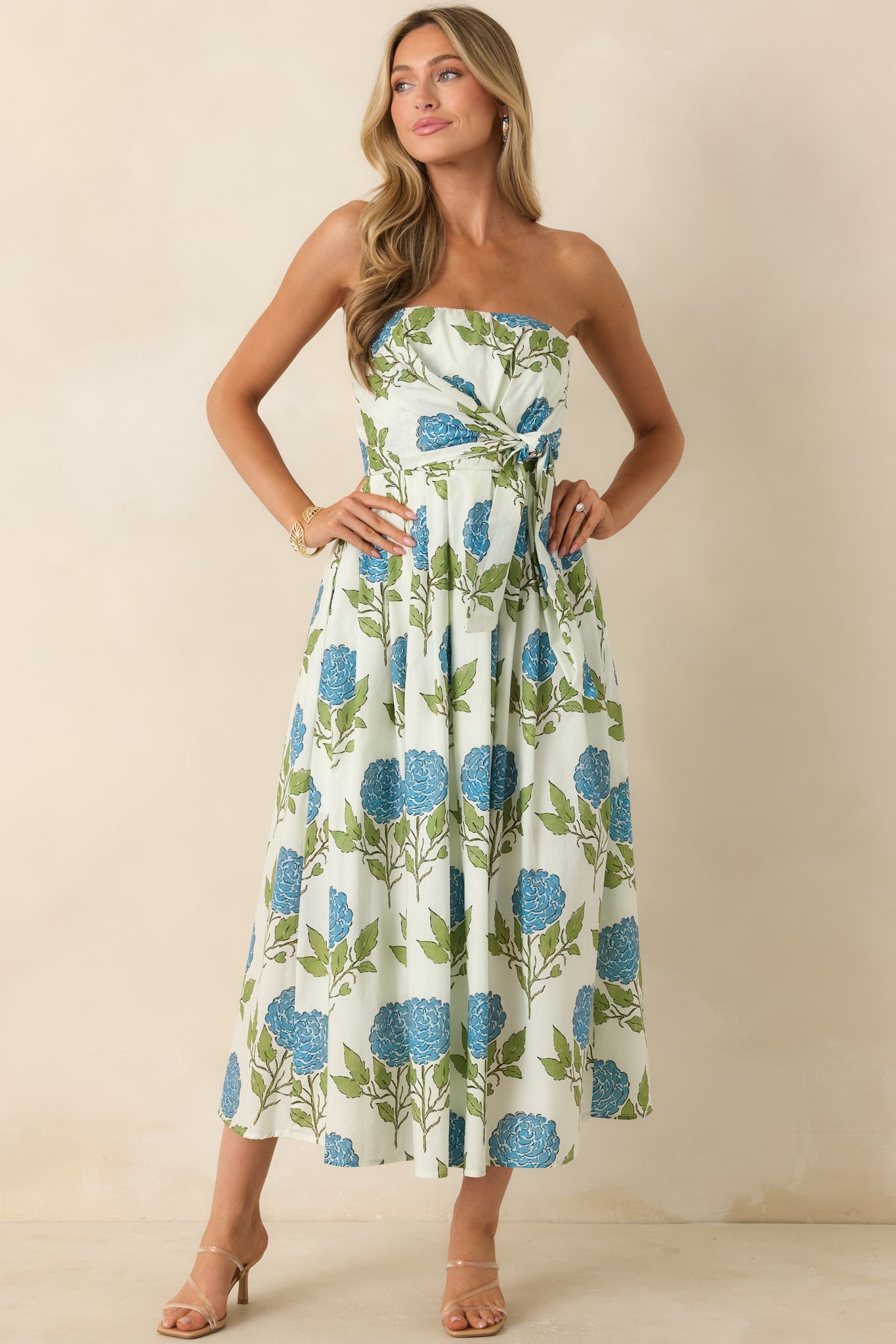 Sunday in Savannah Ivory & Blue Floral Cotton Strapless Midi Dress