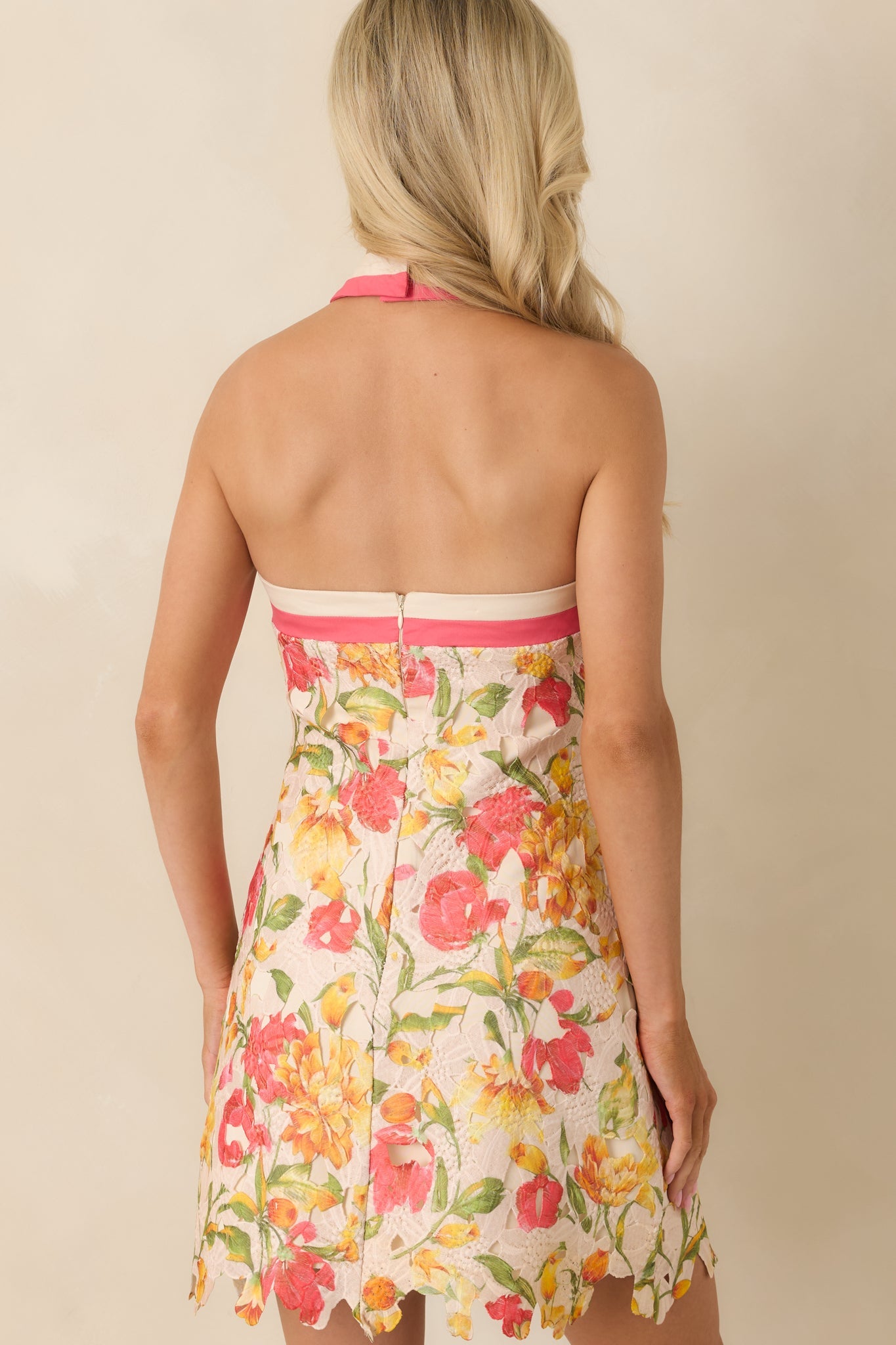 Just Like Paradise Ivory & Coral Pink Floral Lace Halter Mini Dress