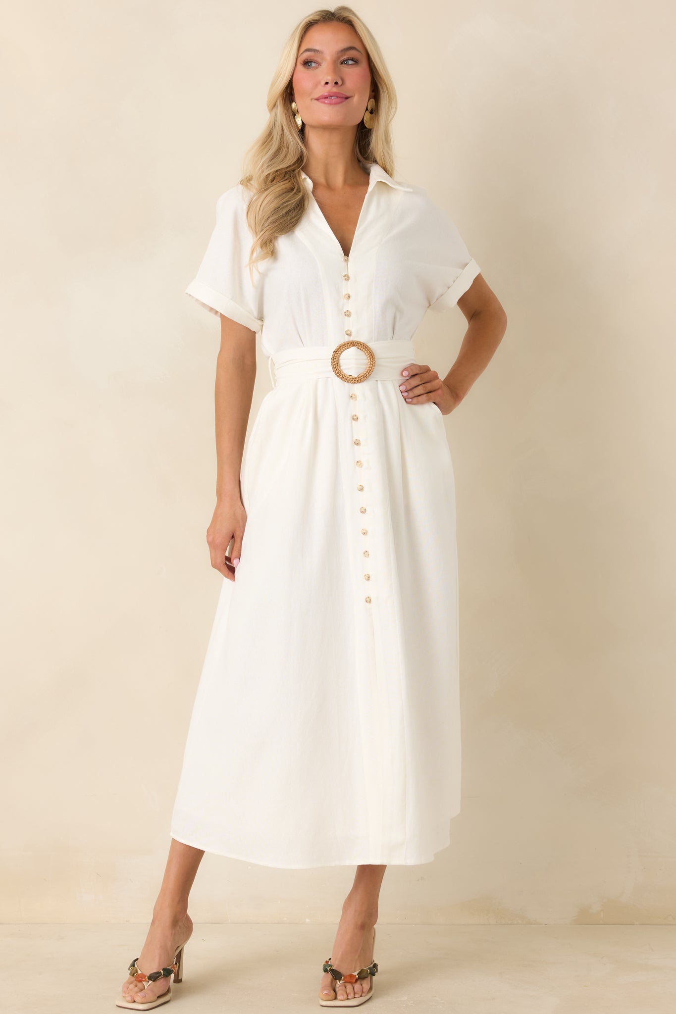 Lily Glow Ivory Button Front Belted Maxi Dress
