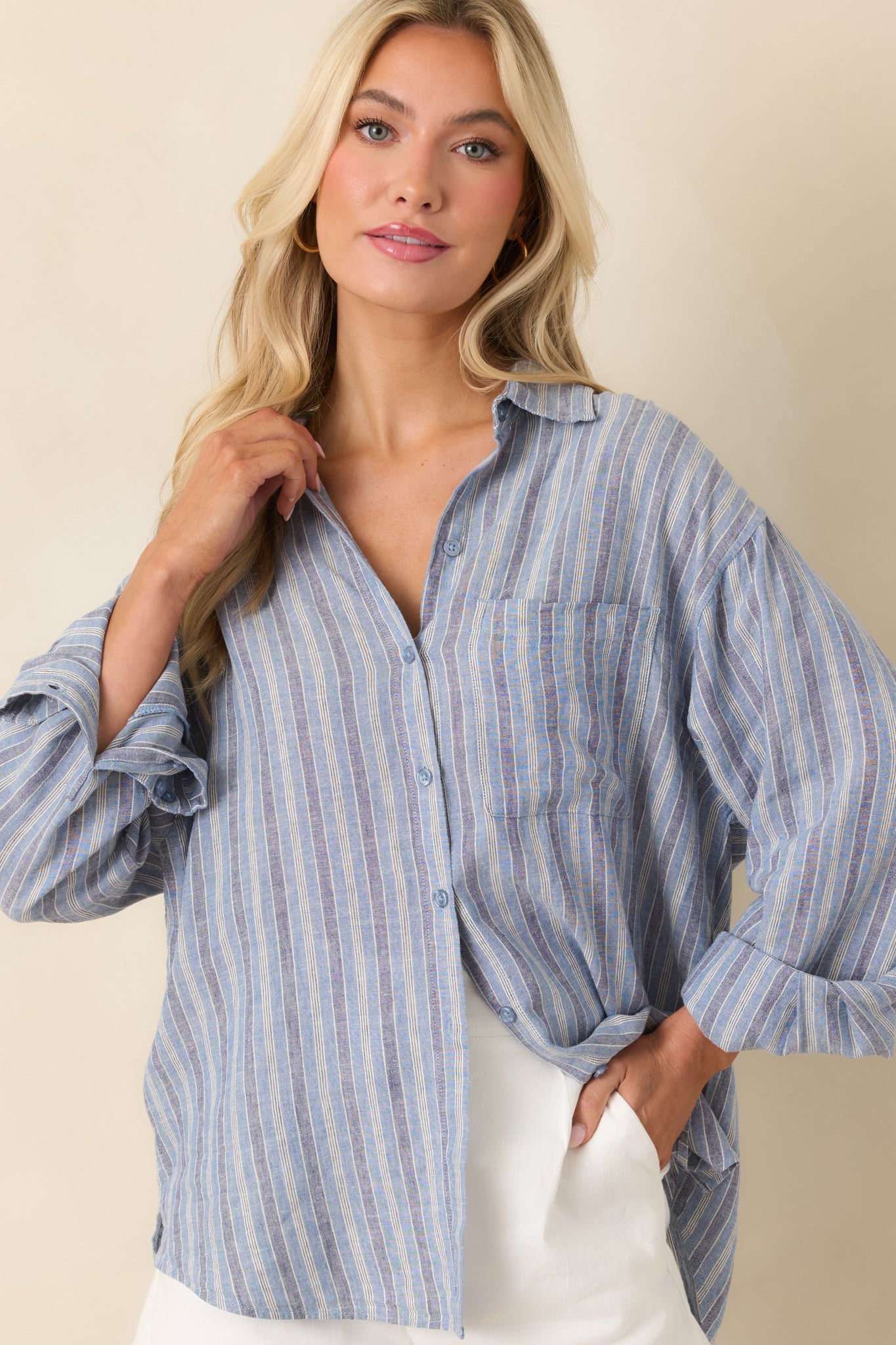 Z Supply The Perfect Indigo Stripe Button Up Top