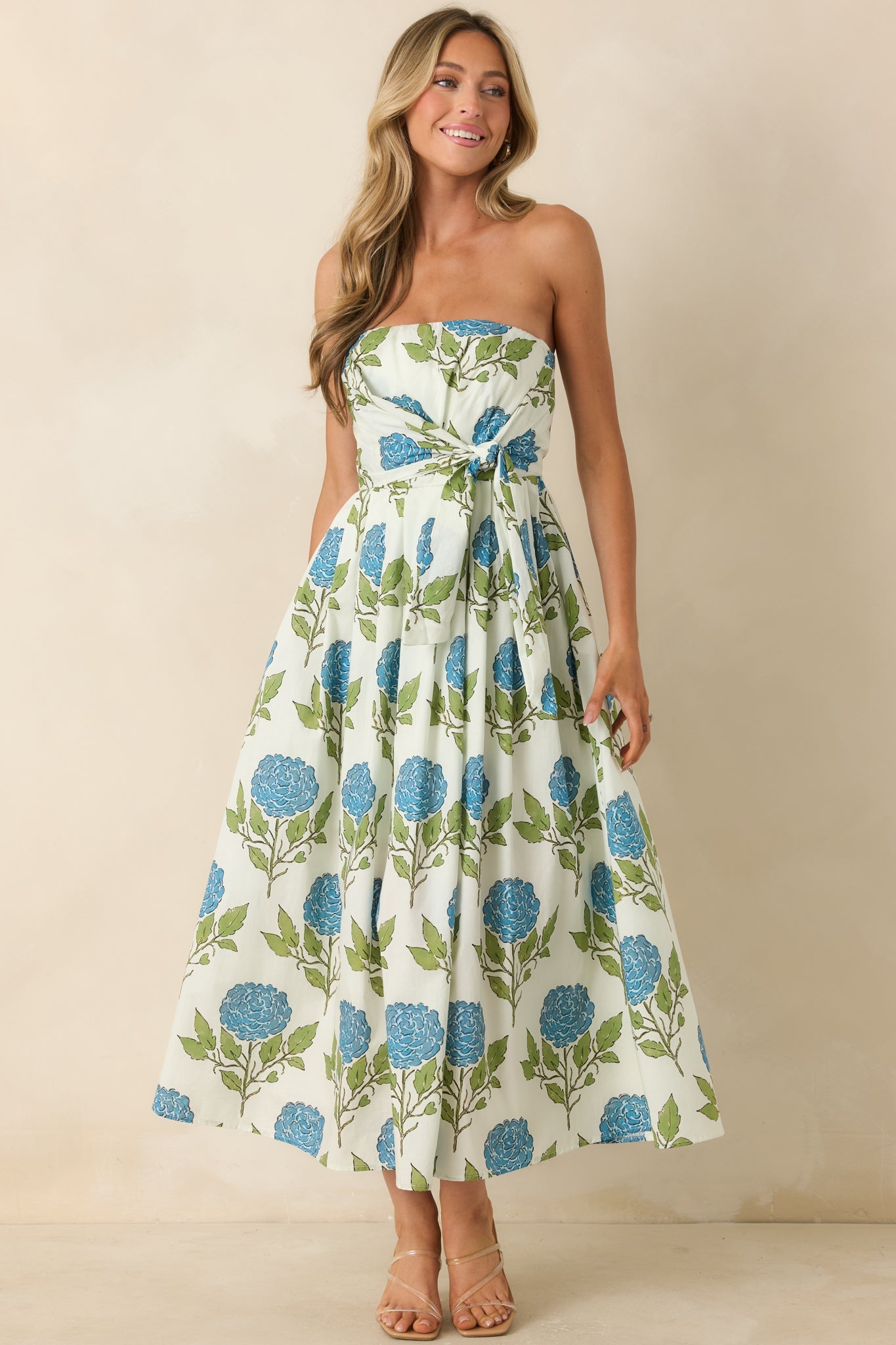 Sunday in Savannah Ivory & Blue Floral Cotton Strapless Midi Dress