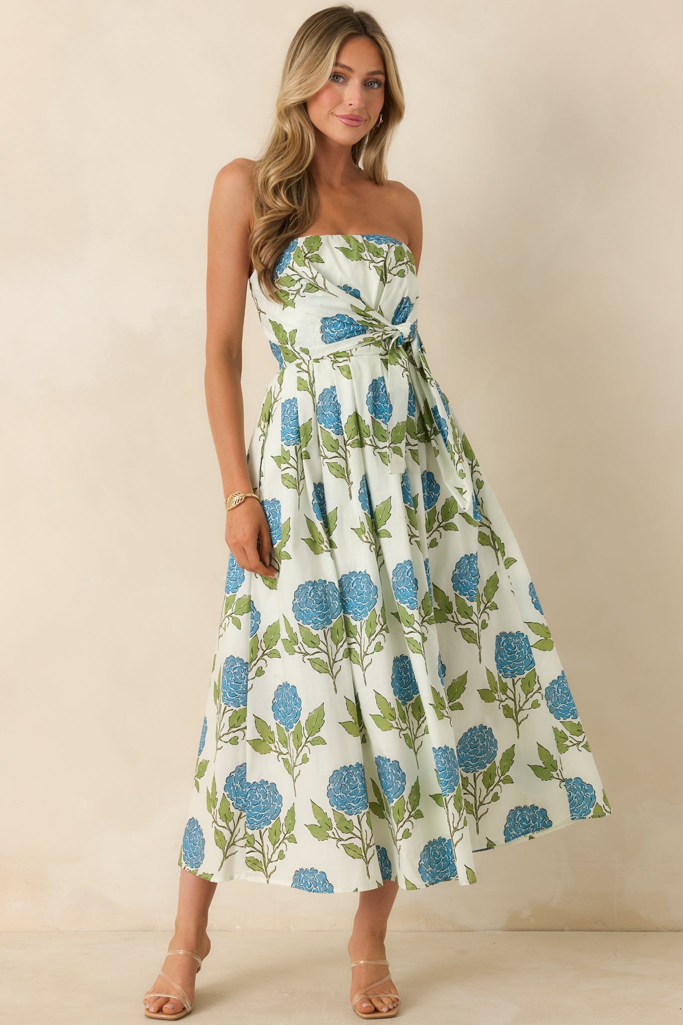 Sunday in Savannah Ivory & Blue Floral Cotton Strapless Midi Dress