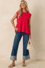 Living for the Flair Red Knit Gold Detail Draped Sleeveless Top