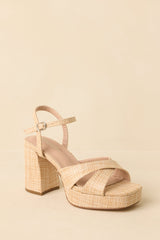 Perfectly Grounded Natural Raffia Cross Strap Block Heel Platform Sandals