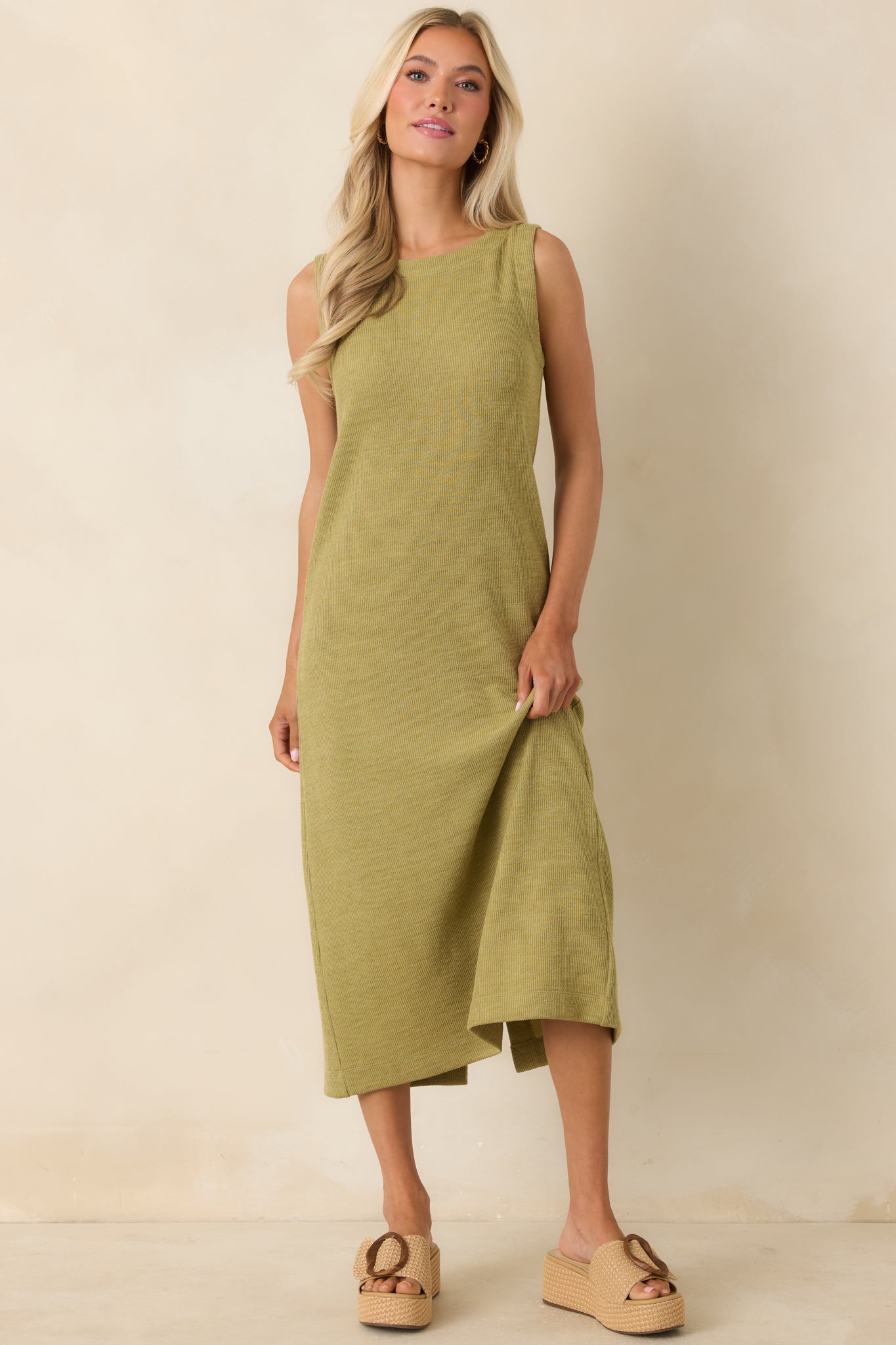 Soft Horizons Olive Green Rib Knit Button Back Midi Dress
