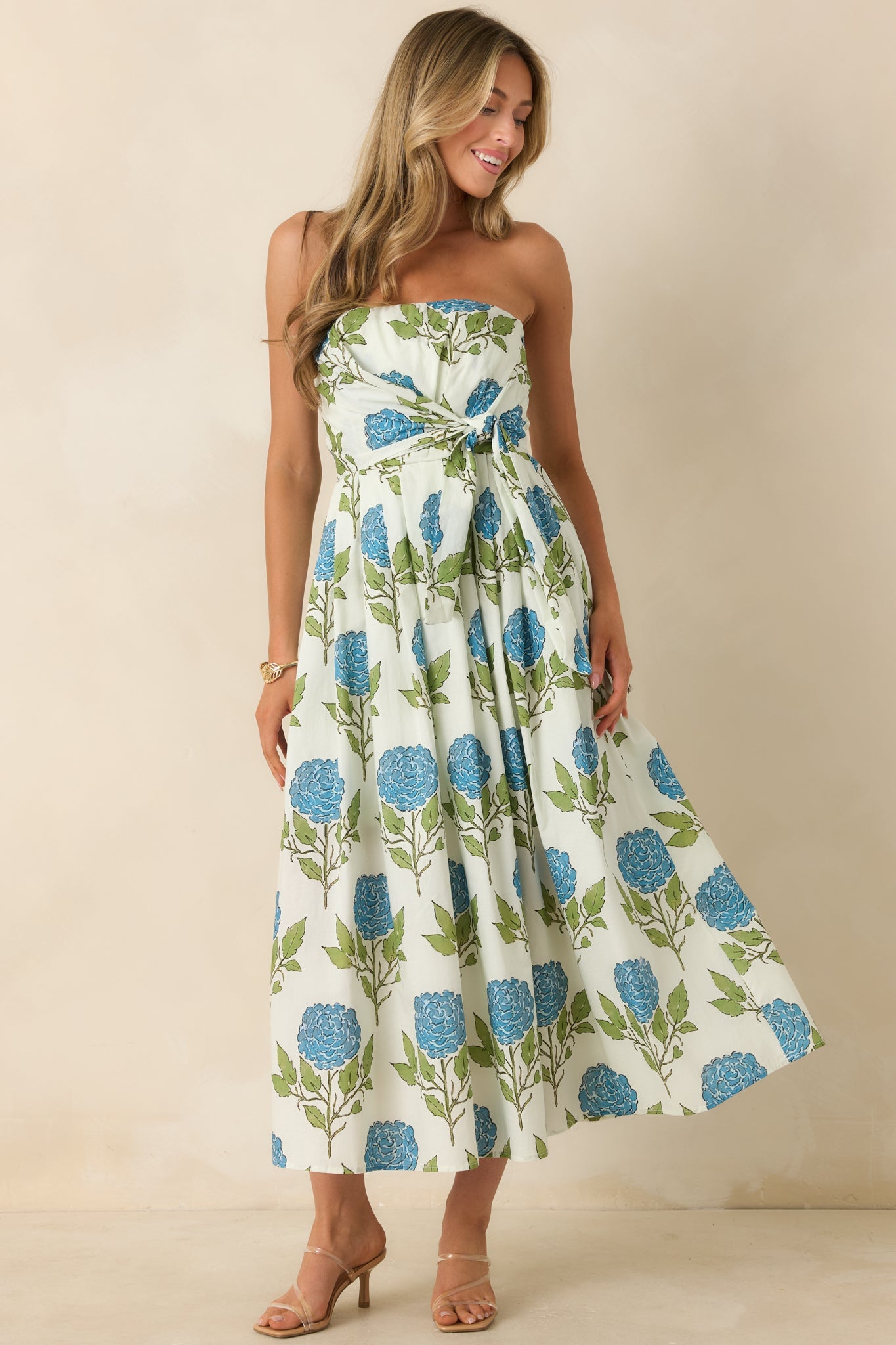 Sunday in Savannah Ivory & Blue Floral Cotton Strapless Midi Dress